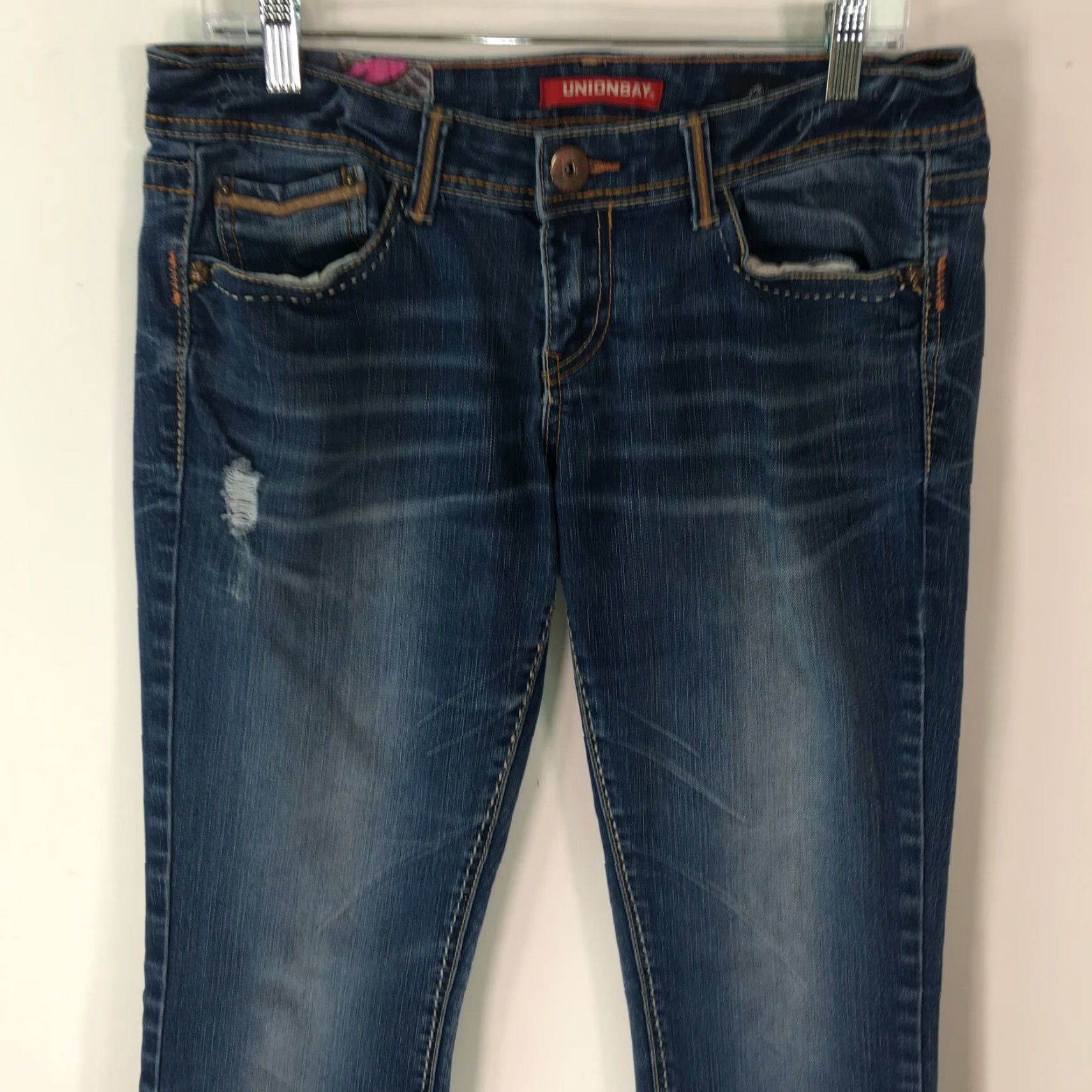 Vintage Union Bay Womens Jeans Skinny Boot Cut Blue Denim 34 Inseam 34 Waist 34 Regular Size 9 Distressed Medium Wash 5-Pocket Zipper Button Loops Belt Size 30" / US 8 / IT 44 - 3 Thumbnail