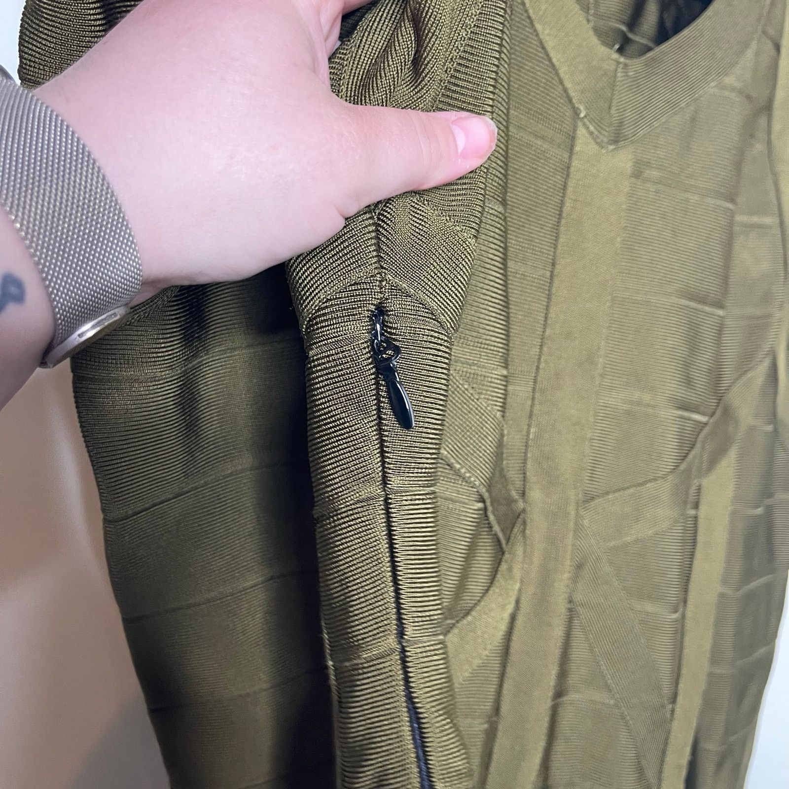 Herve Leger Herve Leger Olive Green Bandage mini dress short sleeve sz L |  Grailed