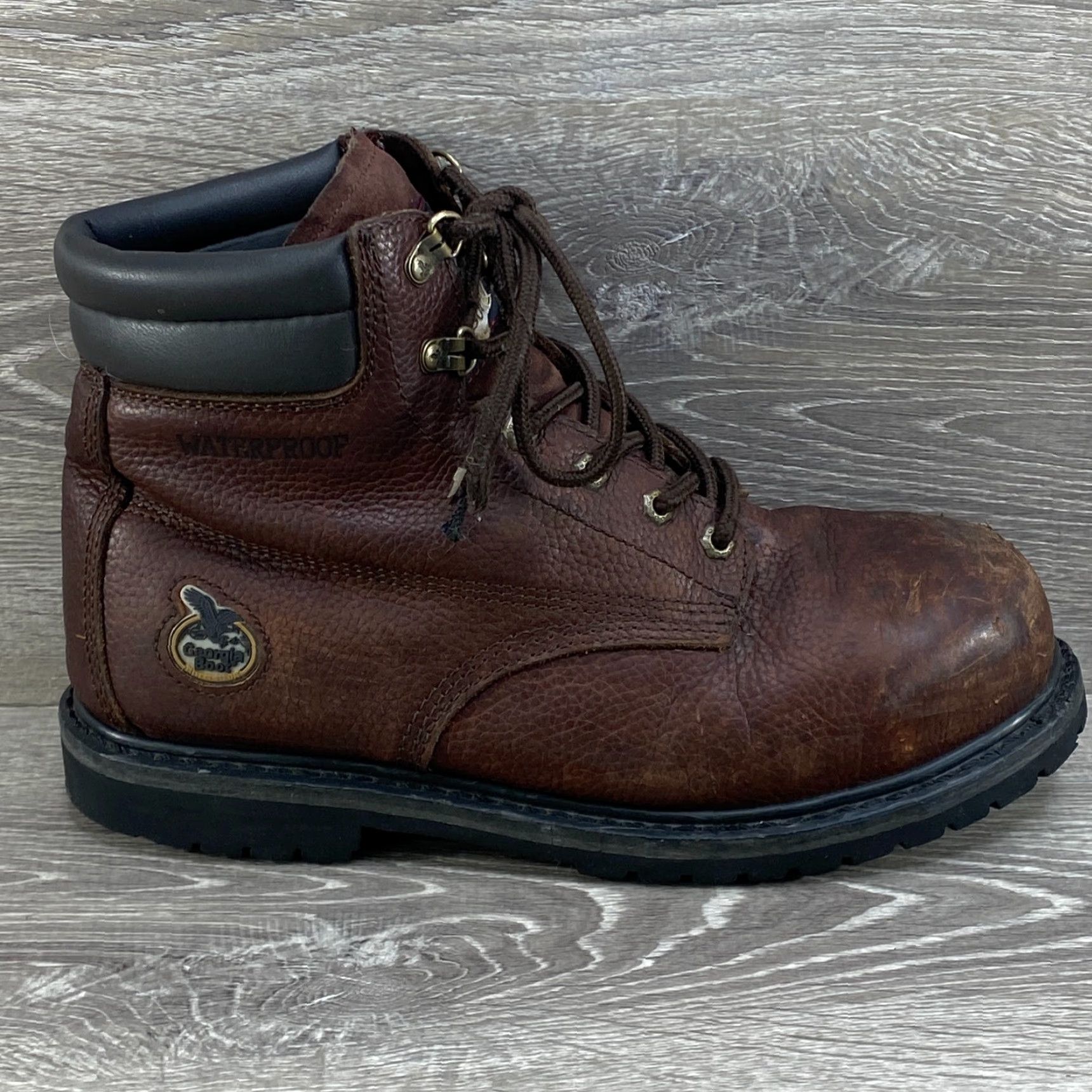 Vintage Georgia Boot Mens 10.5 M Brown Leather 6" Oiler Steel Toe Waterproof Work Boots Shirt Size US 10 / EU 43 - 2 Thumbnail