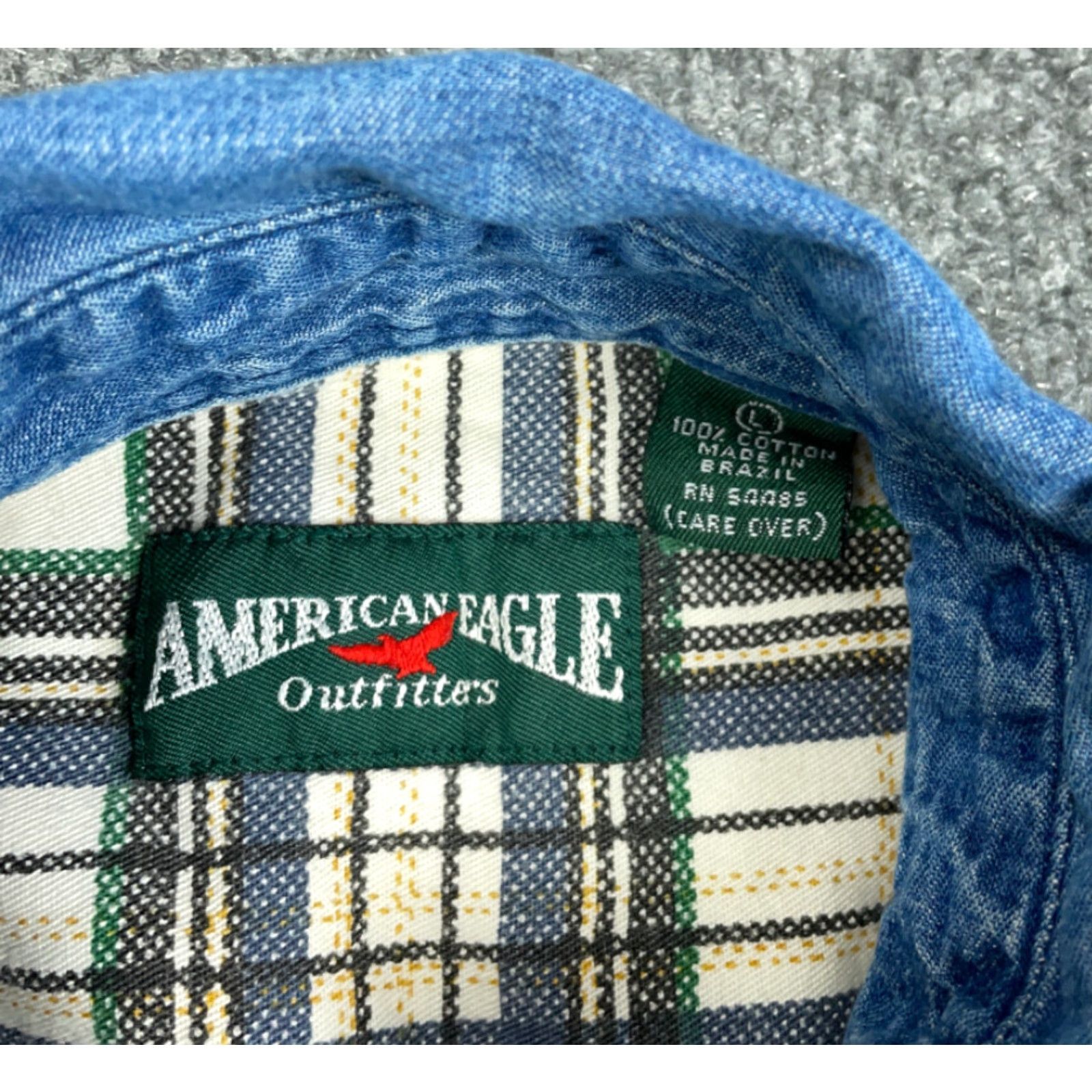 American Eagle Outfitters VINTAGE American Eagle Outfitters Denim Shirt Adult Large Blue Plaid Trim 90s Grunge Mens Shirt Size US L / EU 52-54 / 3 - 5 Thumbnail
