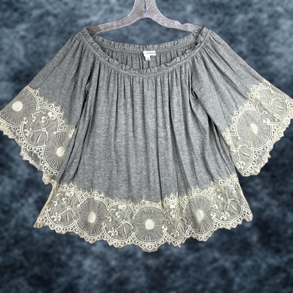 Vintage Coco + Jaimeson Womens Blouse Shirt M Gray Cream Lace Bell Sleeve Boho Off Shoulder Size M / US 6-8 / IT 42-44 - 1 Thumbnail