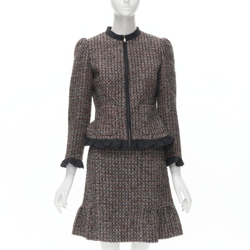 RED Valentino RED VALENTINO red grey wool tweed black ruffle trim jacket skirt set Size XS / US 0-2 / IT 36-38 - 1 Thumbnail