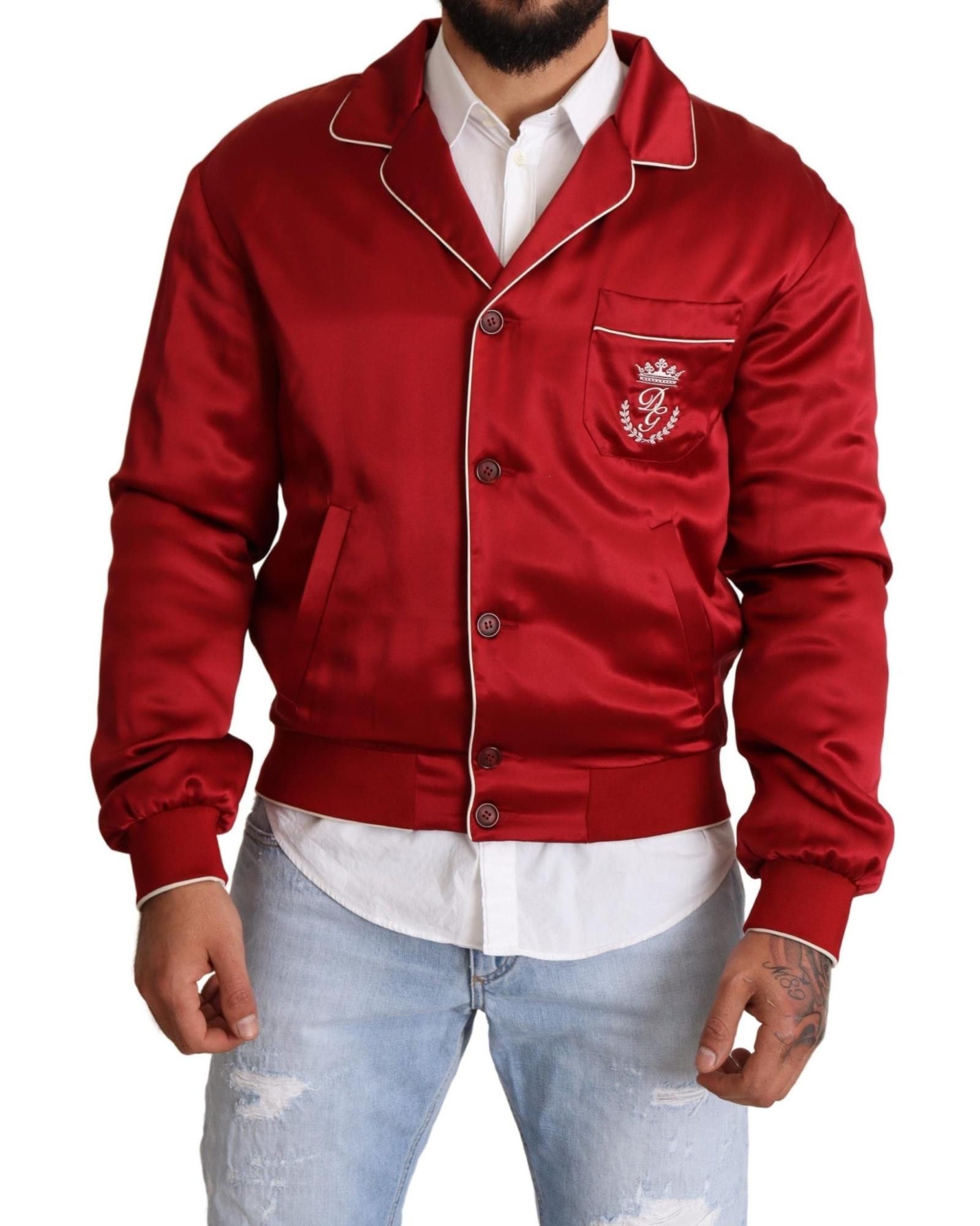 image of Dolce Gabbana 100% Silk Button Logo Bomber Jacket in Red, Men's (Size Medium)