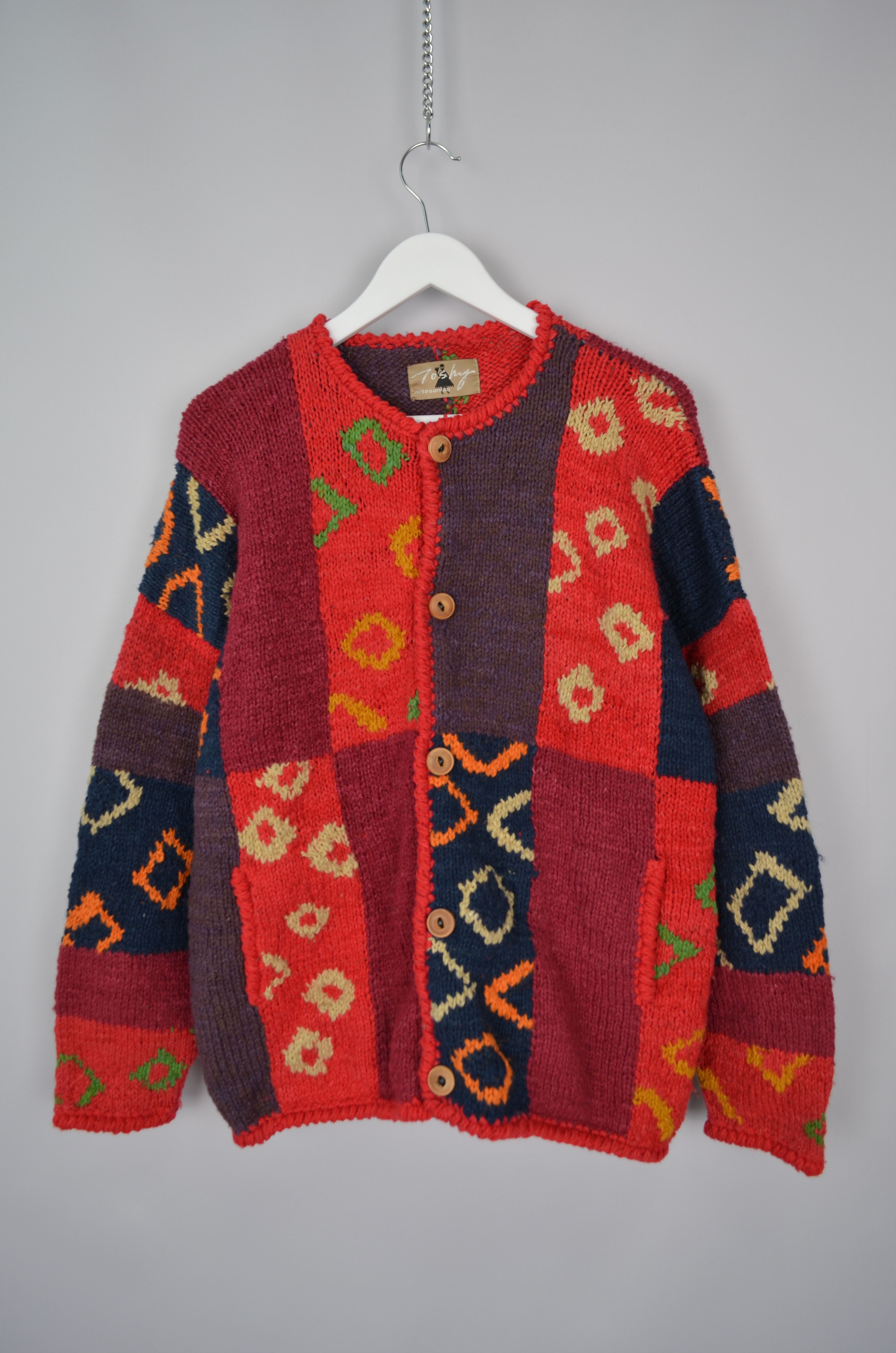 Designer × Handmade Vtg Bolivian Toshy Wool Multicolor Heavy Cardigan Sweater OS Size L / US 10 / IT 46 - 1 Thumbnail