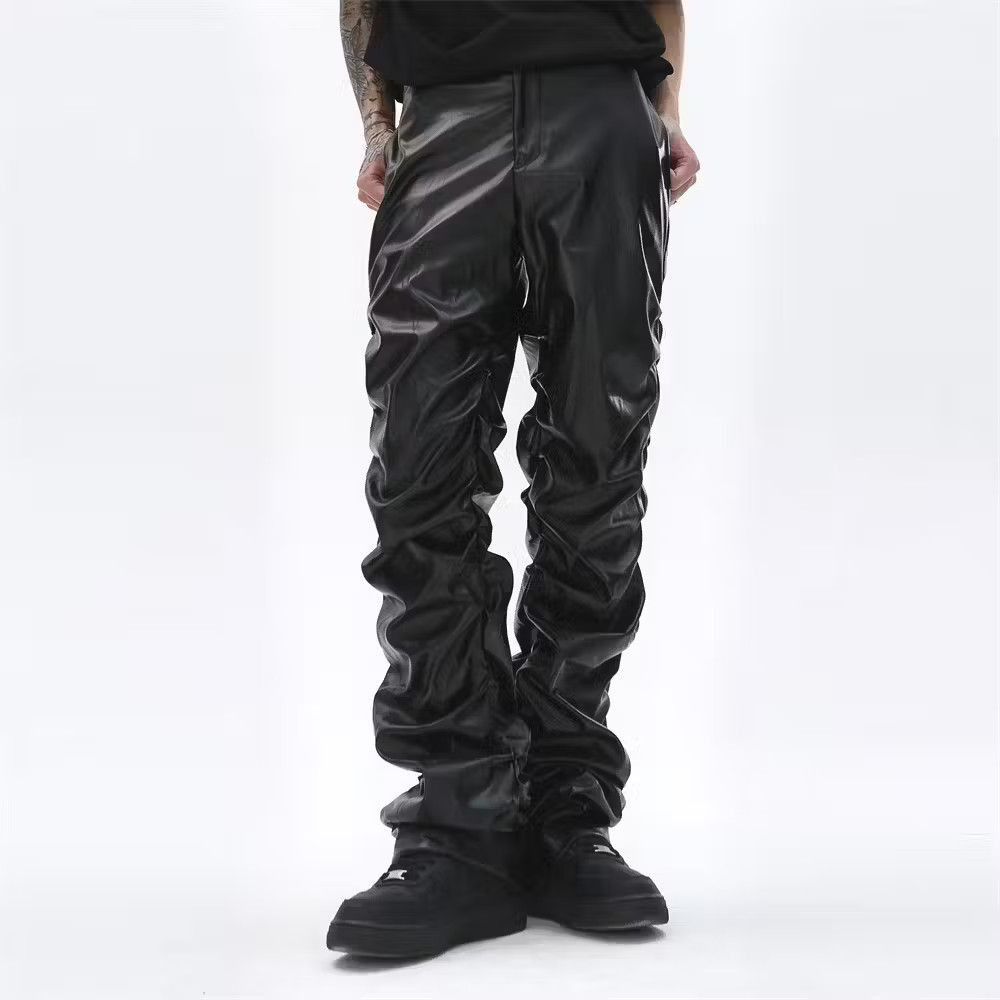 image of Vintage Dark Punk Niche Glossy Pleated Leather Pants in Black, Men's (Size 32)
