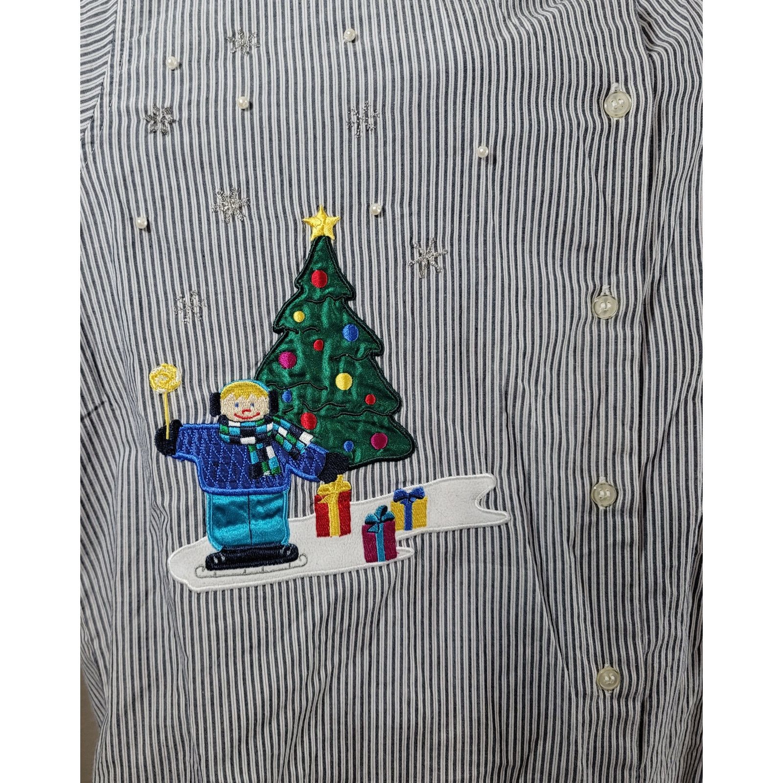 Other VTG Karen Scott Blue Striped Christmas Embroidered Top Large Size L / US 10 / IT 46 - 6 Thumbnail