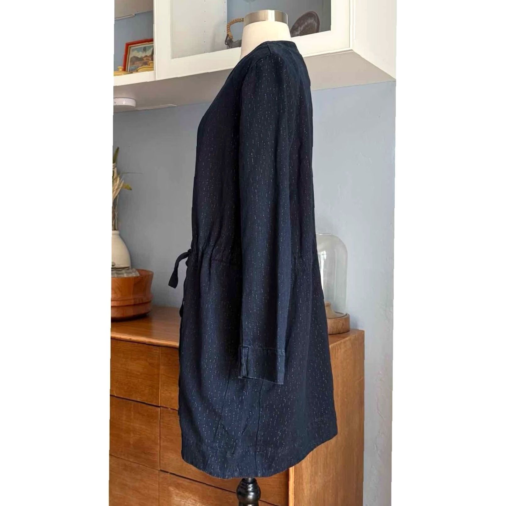 Denime LILITH Rinaldi Navy Denim Topper Jacket Cinched Waist Ties Lagenlook 40 M Navy Denim Topper Jacket Womens M 40 Blue Jacket Size S / US 4 / IT 40 - 5 Thumbnail
