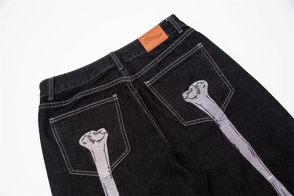 Japanese Brand × Jean Black skeleton embroidery trendy loose wide-leg jeans Size US 34 / EU 50 - 3 Thumbnail