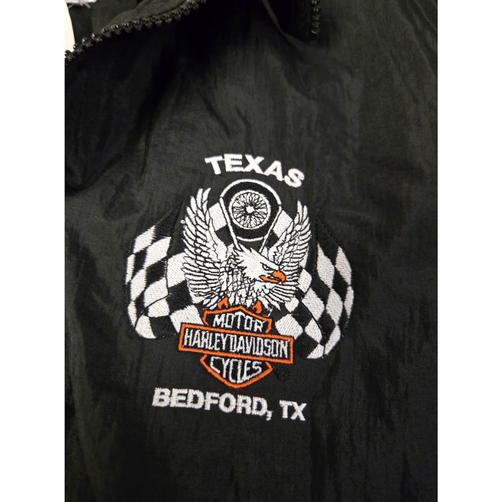 Harley Davidson VINTAGE Harley-Davidson Jacket Mens Large Nylon Texas Bedford 90s Windbreaker Black Orange White Zip Embroidered Logo Zipper Full Zip Lined Size US L / EU 52-54 / 3 - 4 Thumbnail