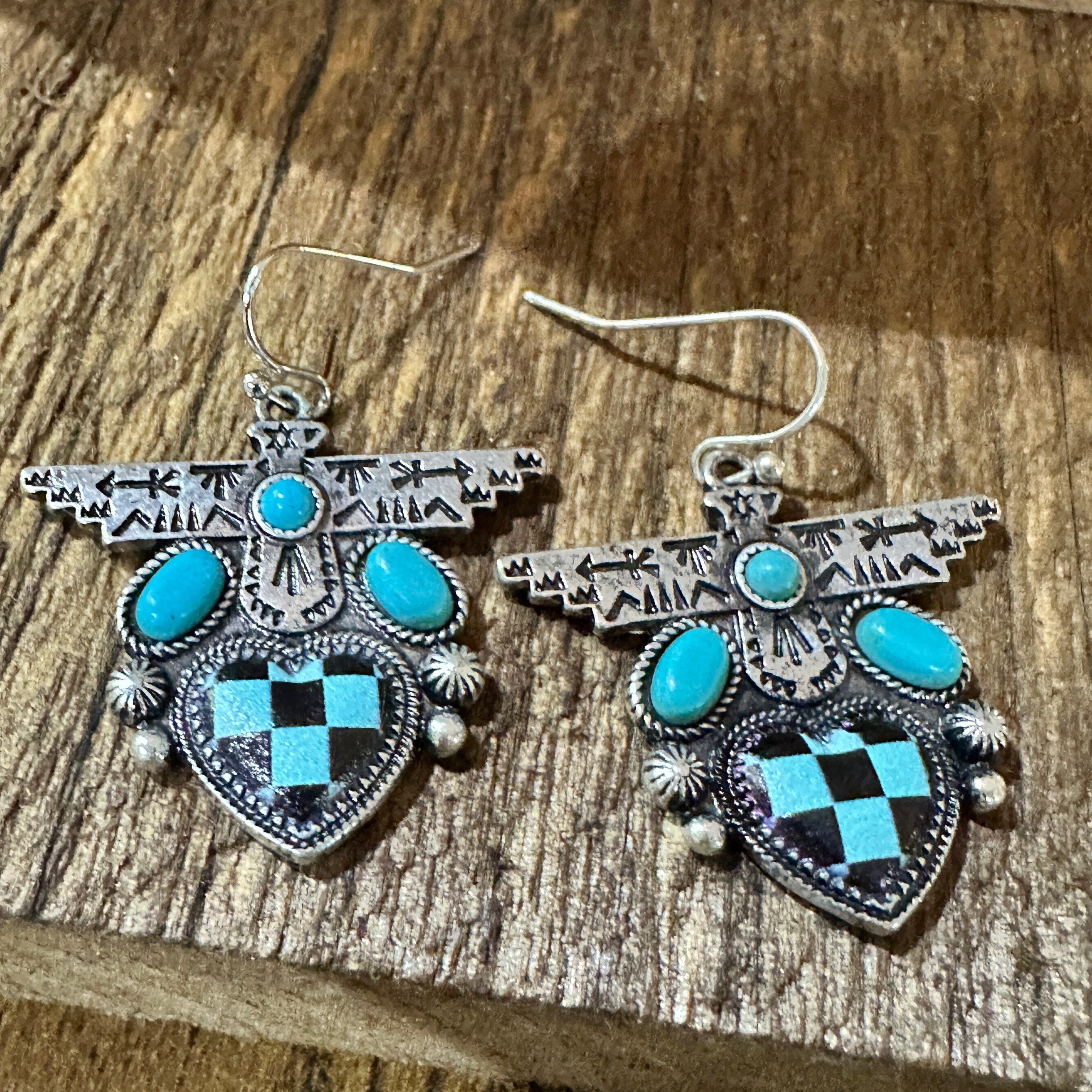 Other Boho Turquoise Thunderbird Earrings, Stylish Checkered Desig Size ONE SIZE - 1 Thumbnail