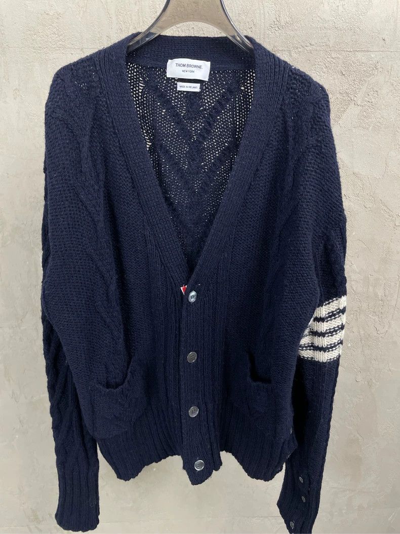 Thom Browne Thom browne Dark blue four-striped thick wool cardigan jac Size US XL / EU 56 / 4 - 3 Thumbnail