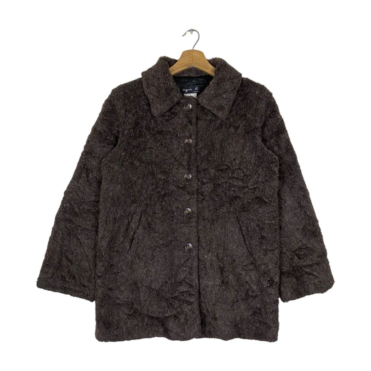 image of Vintage Agnes B. Flat Button Medium Long Fleece Jacket in Brown, Women's