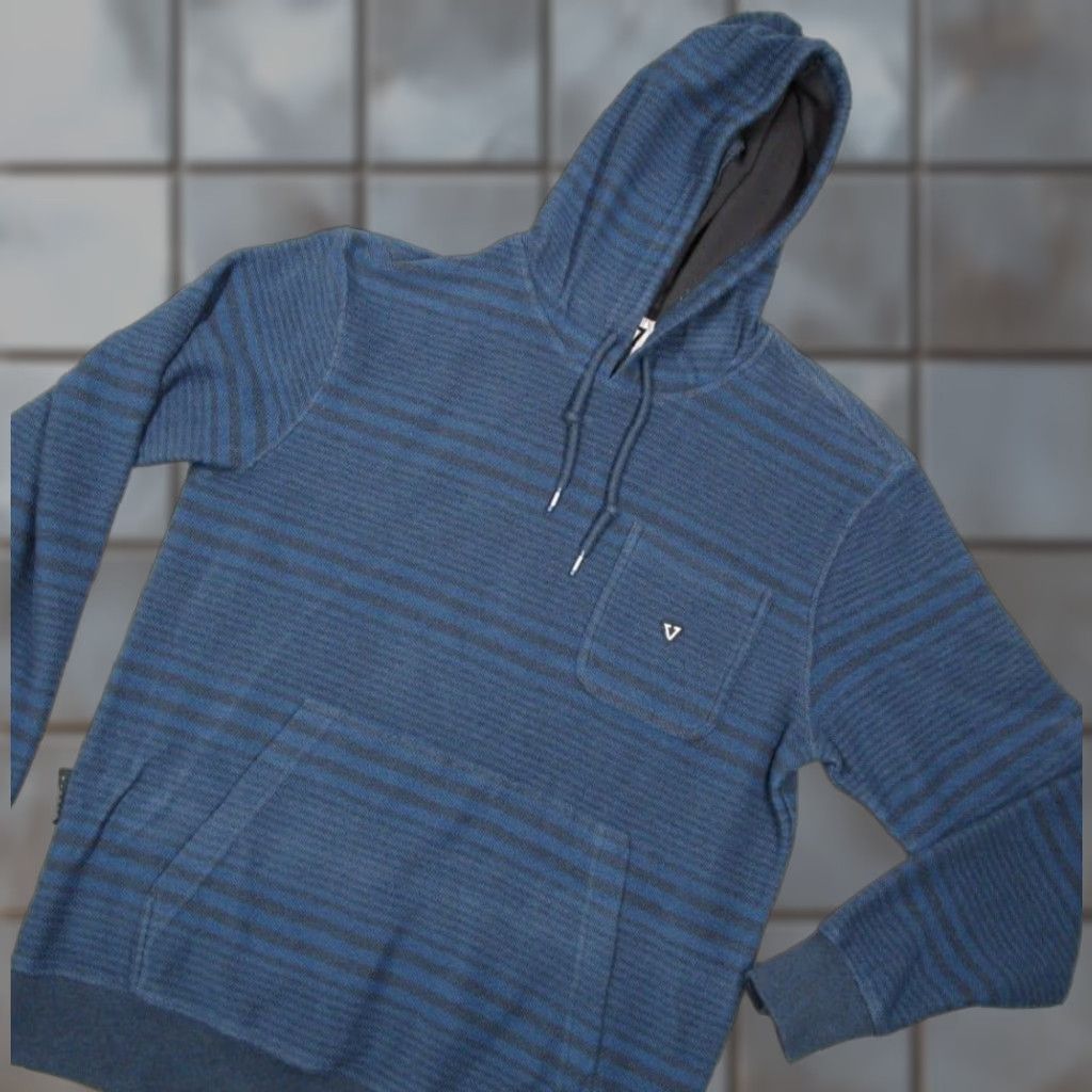 Vissla Vissla Hoodie Mens Medium Blue Striped Pullover Kangaroo Pocket Drawstring Knit Twill Cotton Polyester Logo All Seasons Hooded Size US M / EU 48-50 / 2 - 1 Thumbnail