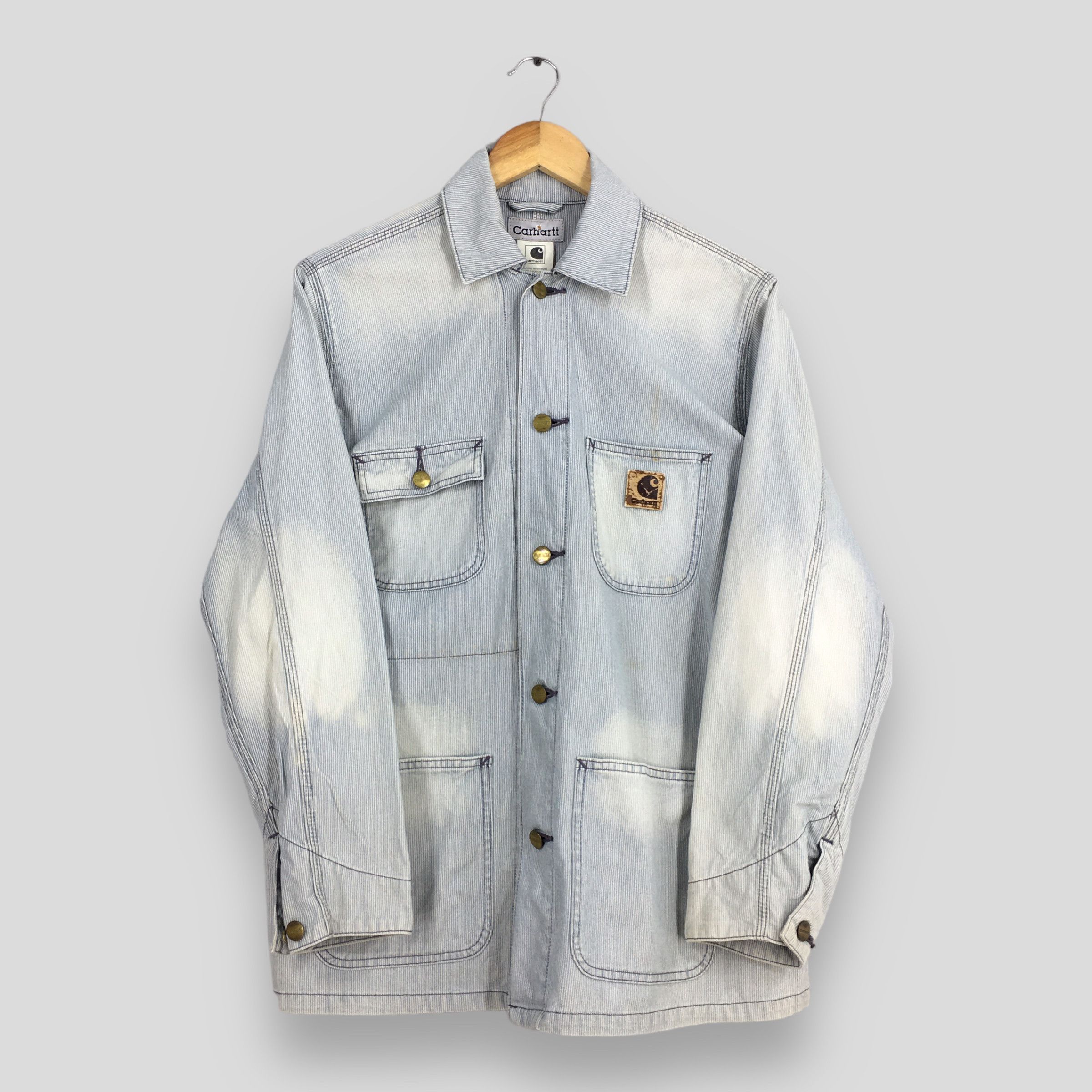 image of 80's Carhartt Hickory Stripes Workers Jacket M in Faded Blue, Men's (Size Medium)