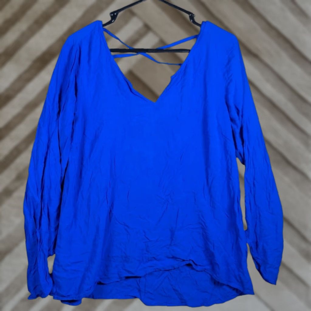 Express Express Blouse Blue V-Neck Cross Back Sheer Long Sleeve Rayon Medium Womens Size M / US 6-8 / IT 42-44 - 1 Thumbnail