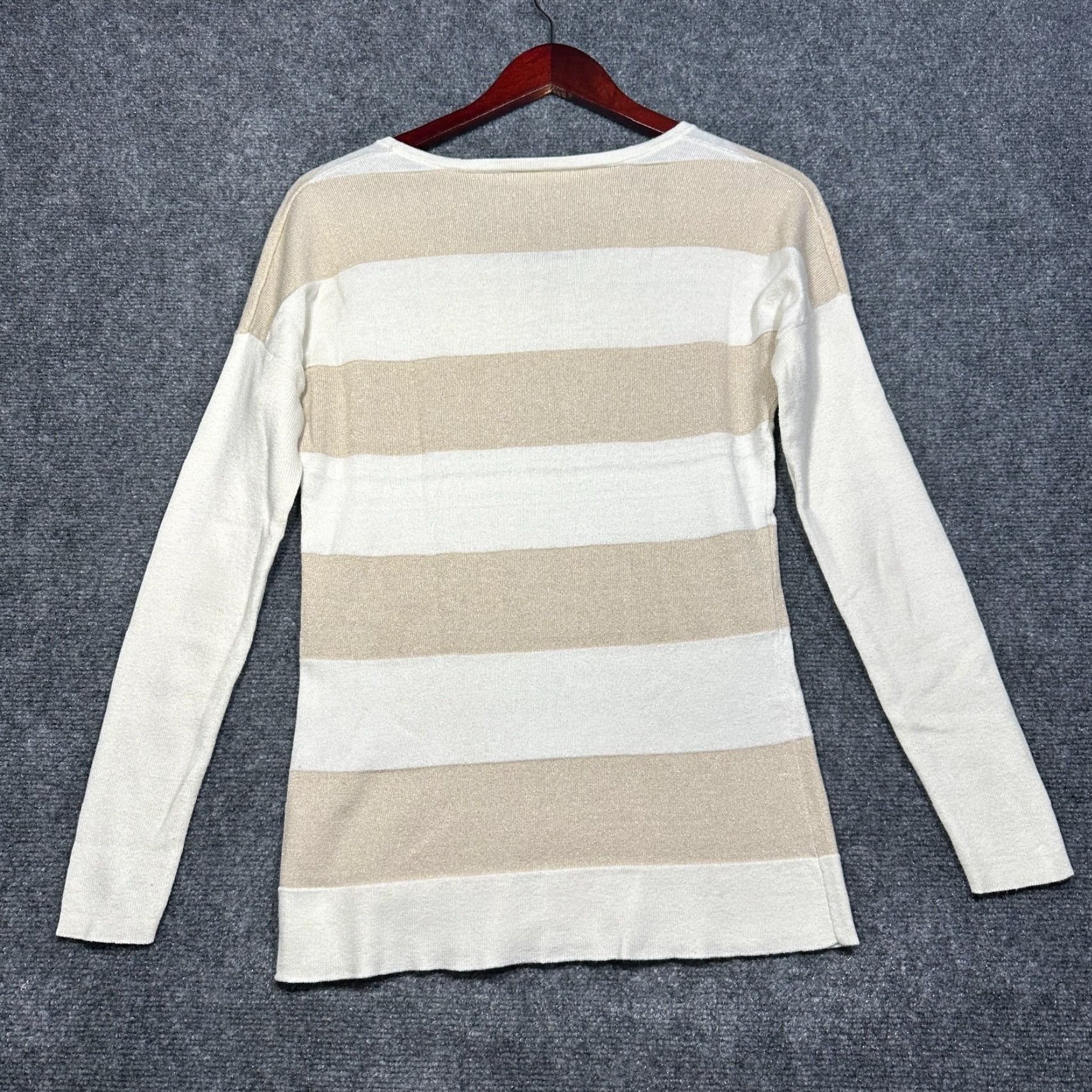 Banana Republic Banana Republic Sweater Womens XS Beige Gold Sparkle Knit Lightweight Striped Pullover Regular Size Type Knit Clothing Size XS / US 0-2 / IT 36-38 - 6 Thumbnail