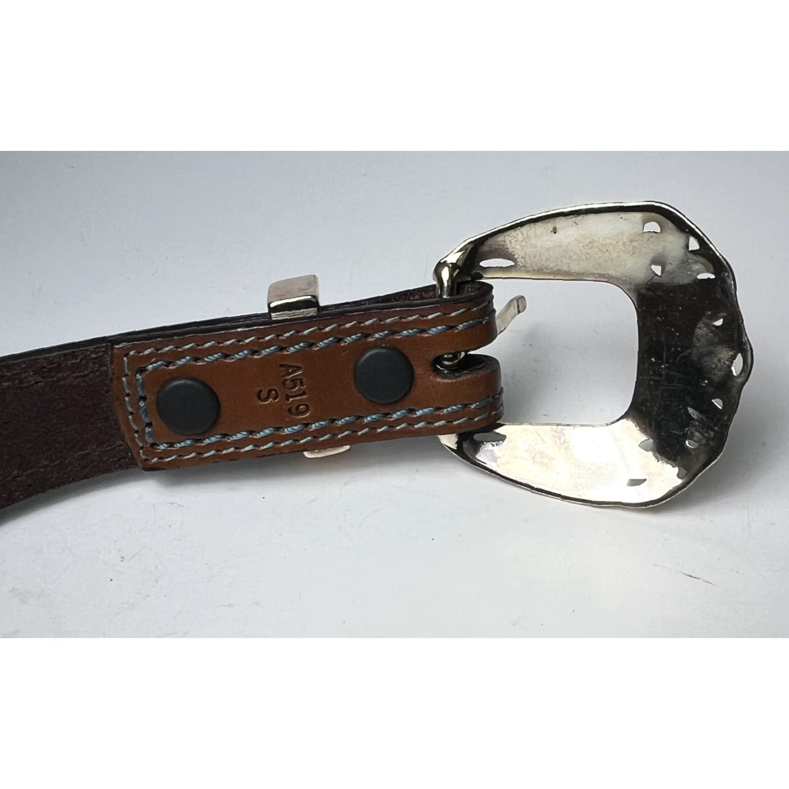 Vintage VINTAGE 3D Tooled Leather Belt Removable Silver Buckle Floral Turquoise Inlay S/M Women's Brown 3D Western Leather Cowgirl Buckle Swap 35.5” Size ONE SIZE - 7 Thumbnail