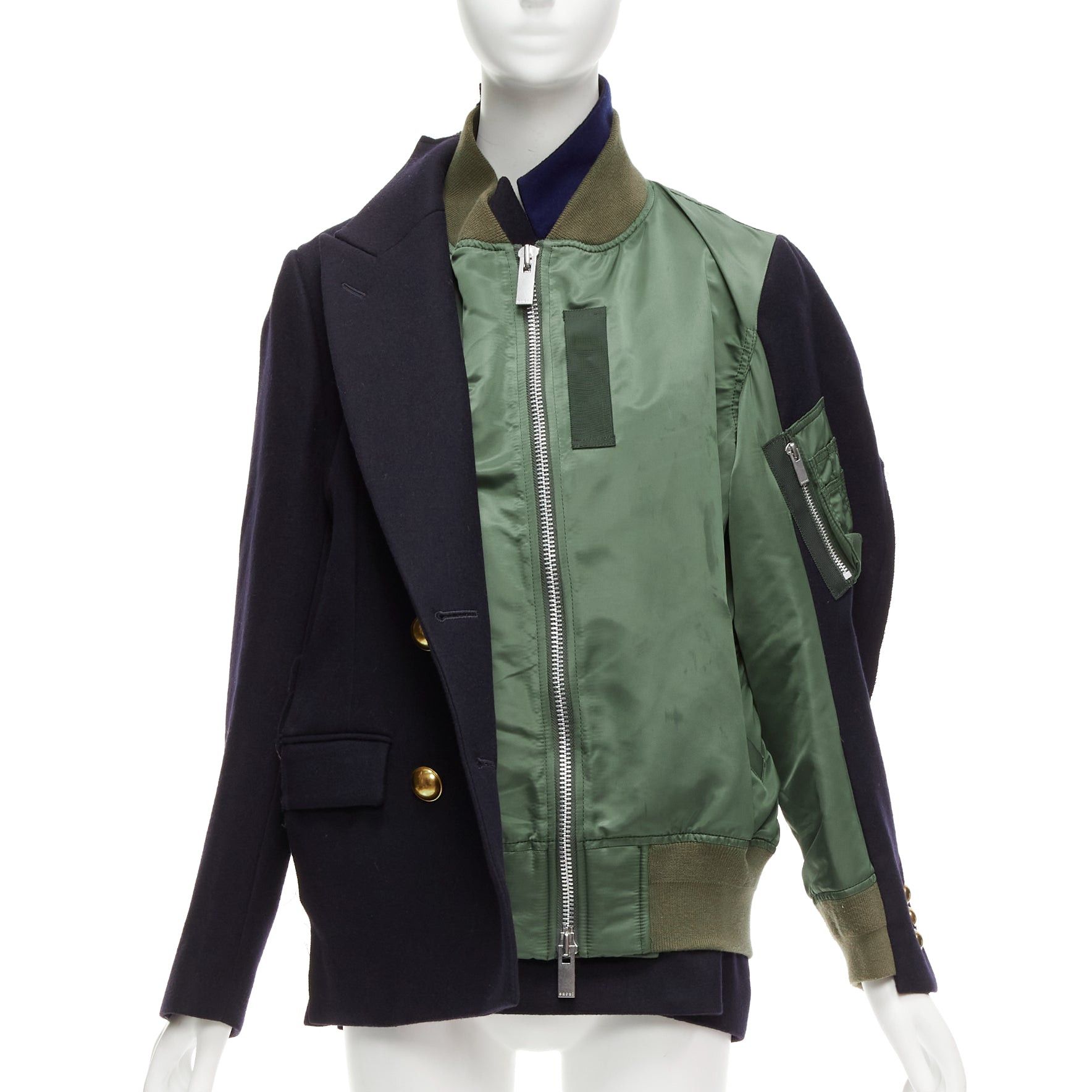 image of Sacai 2018 Black Khak Hybrid Deconstructed Half Bomber Coat Jacket Jp2 M in Navy, Women's (Size Med