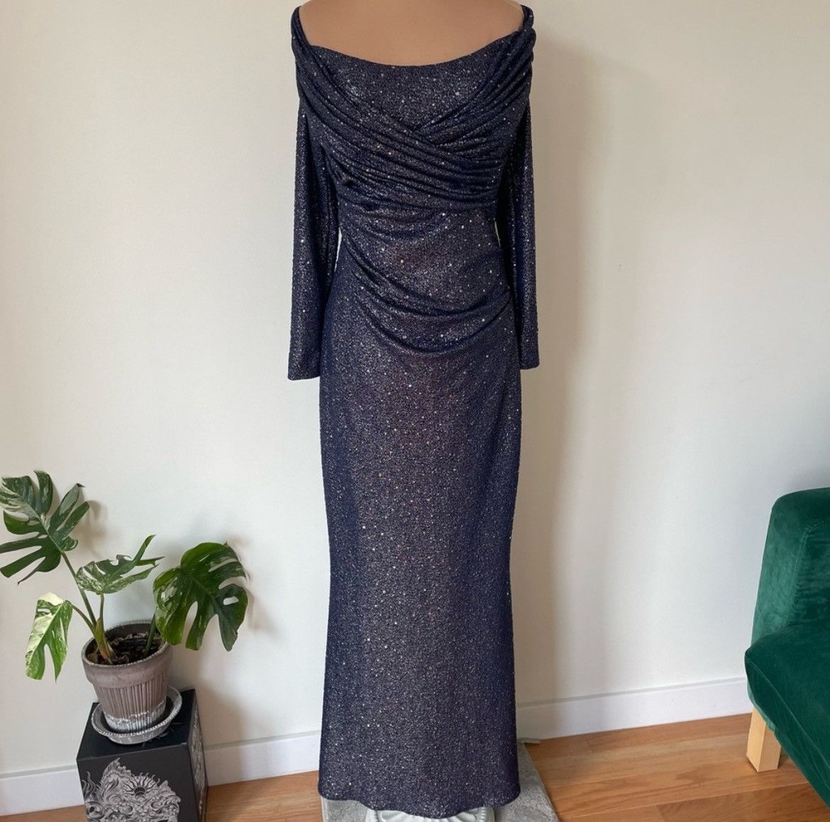Talbot Runhof Glitter Sequin Off The Shoulder Metallic Gown