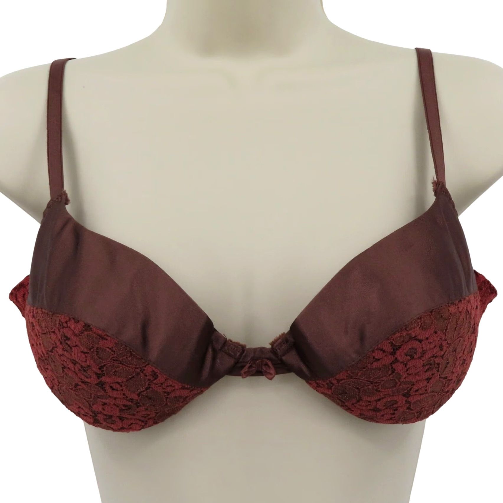 Vintage VTG Maidenform Bra 36B Rendezvous Underwire Padded Lace Brown Satin Bow Size ONE SIZE - 2 Thumbnail
