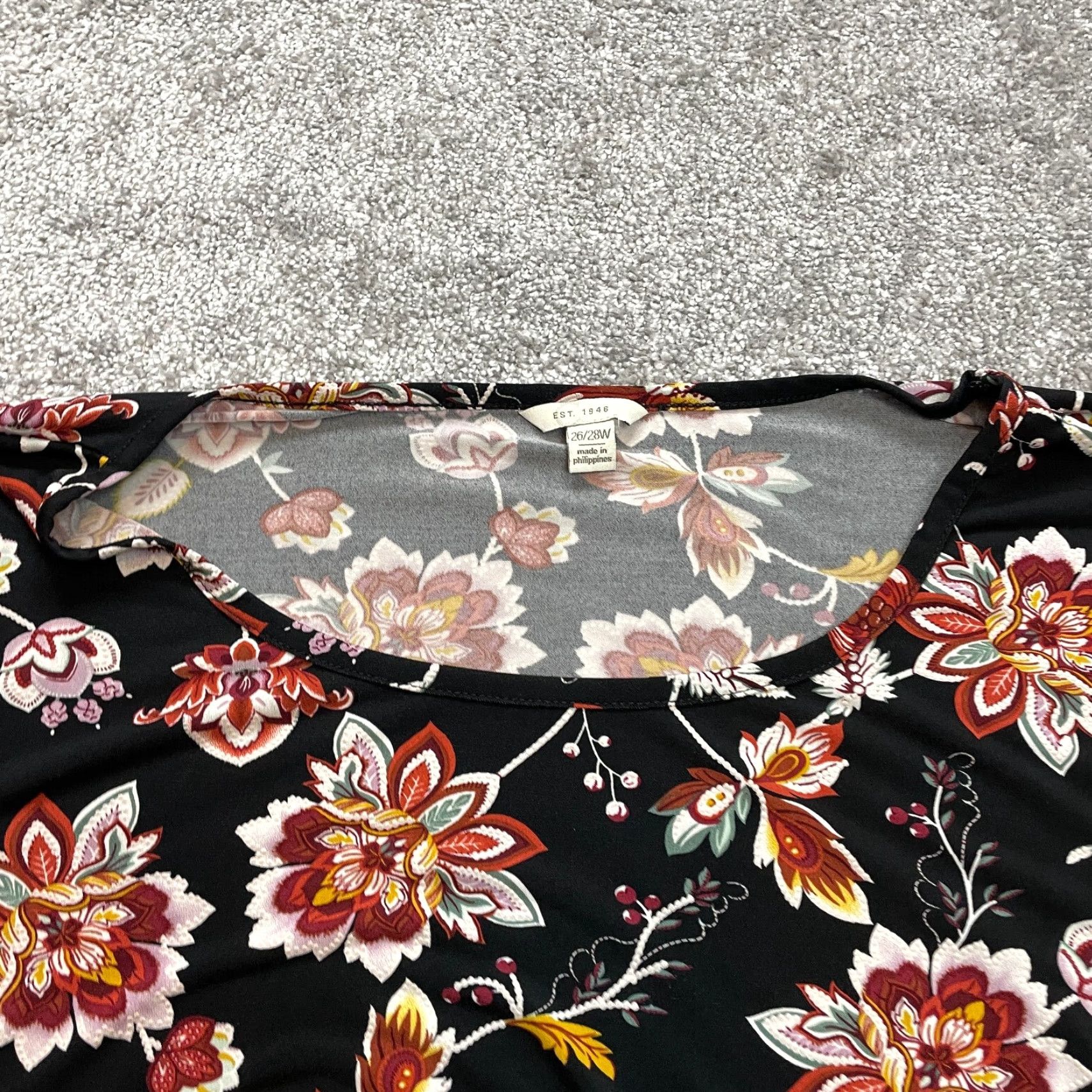 Vintage Cato Blouse Shirt Womens 28W Black Floral Long Sleeve Round Neck Button Casual Chiffon Polyester Plus Size Fall Spring Summer - Mens? Size 4XL / US 24-26 - 3 Thumbnail