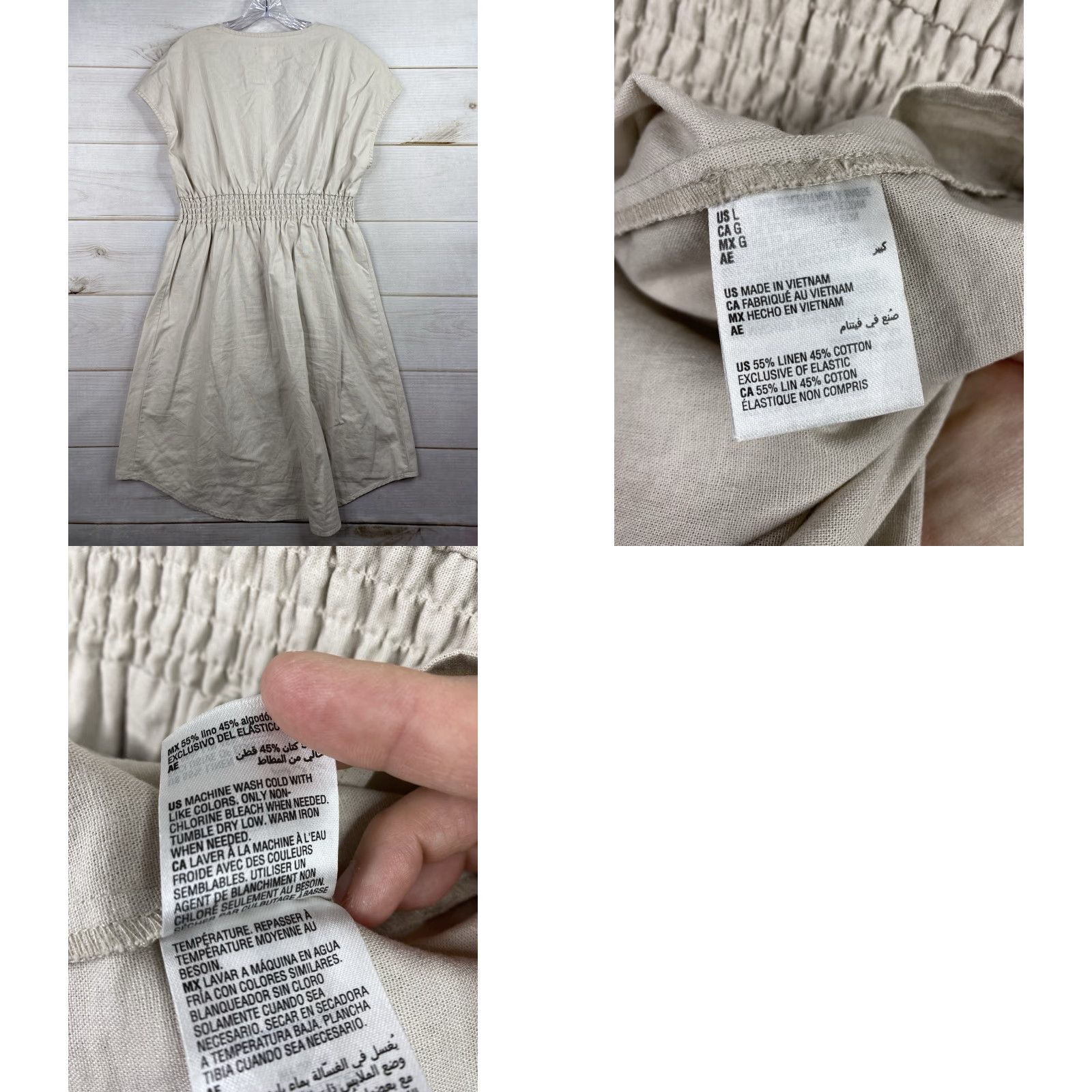 Vintage Morgan Taylor Dress Womens L Beige Linen Blend Elastic Waist Tie V Neck Midi Shirt Size L / US 10 / IT 46 - 8 Thumbnail