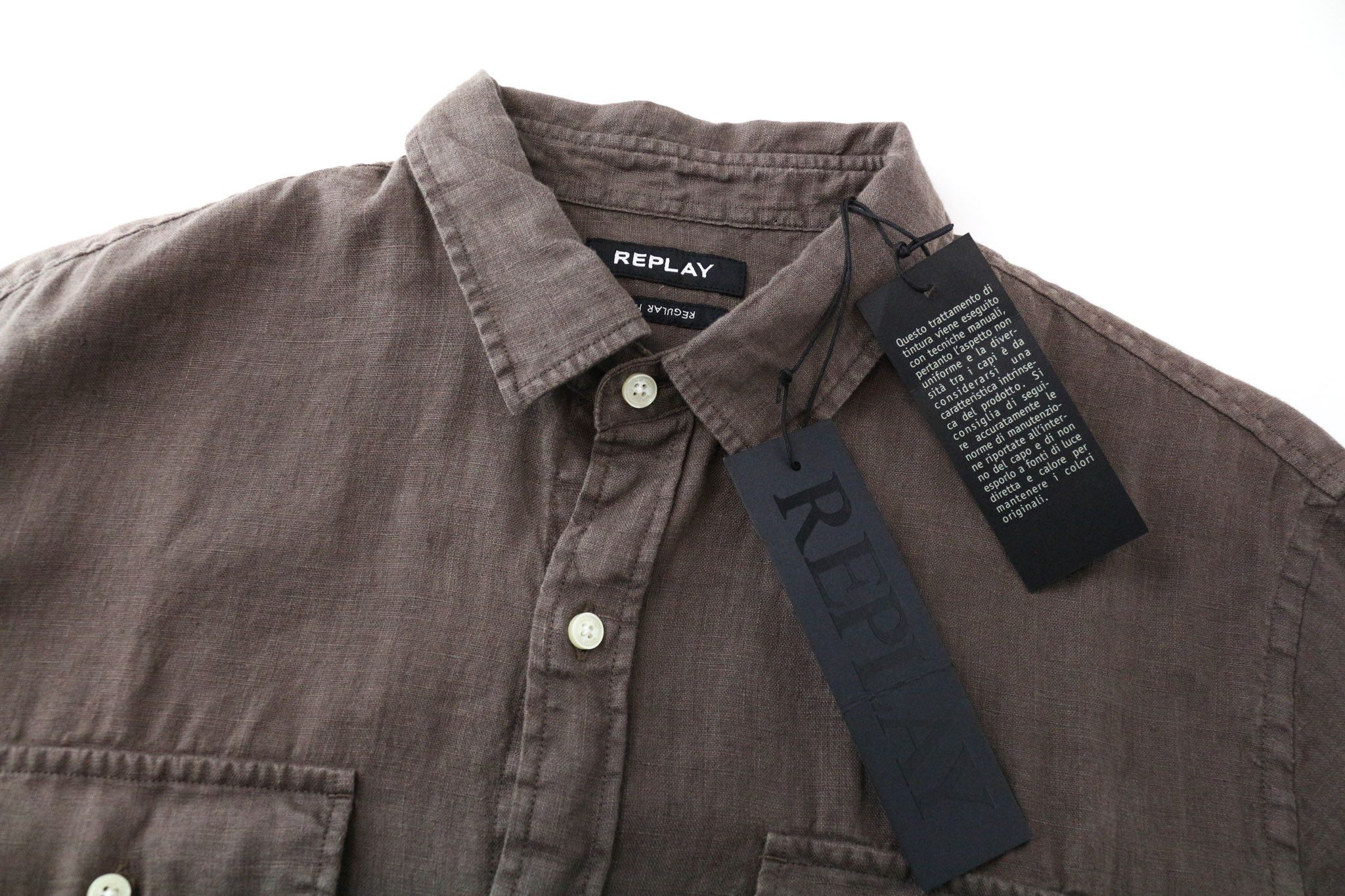 Replay L Brown Linen Short Sleeve Button-Up Shirt 74020 Size US L / EU 52-54 / 3 - 3 Thumbnail
