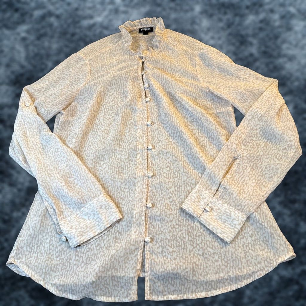 Express Express Blouse Womens Medium Shirt Animal Print Ruffle Button Front Sheer Long Sleeve Beige 90s? Size M / US 6-8 / IT 42-44 - 1 Thumbnail