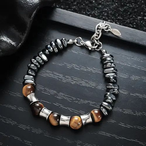 Jewelry Brown Tiger Eye Beaded Men's Bracelet, Silver Accent Size ONE SIZE - 7 Thumbnail