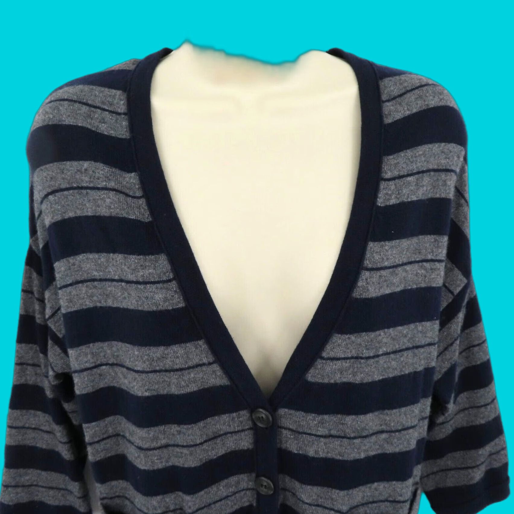 MZ Wallace Wallace Cardigan Sweater Women Small Gray Navy Striped V-Neck Button Wool Cashmere Knit Long Sleeve Regular Fit Size S / US 4 / IT 40 - 1 Thumbnail
