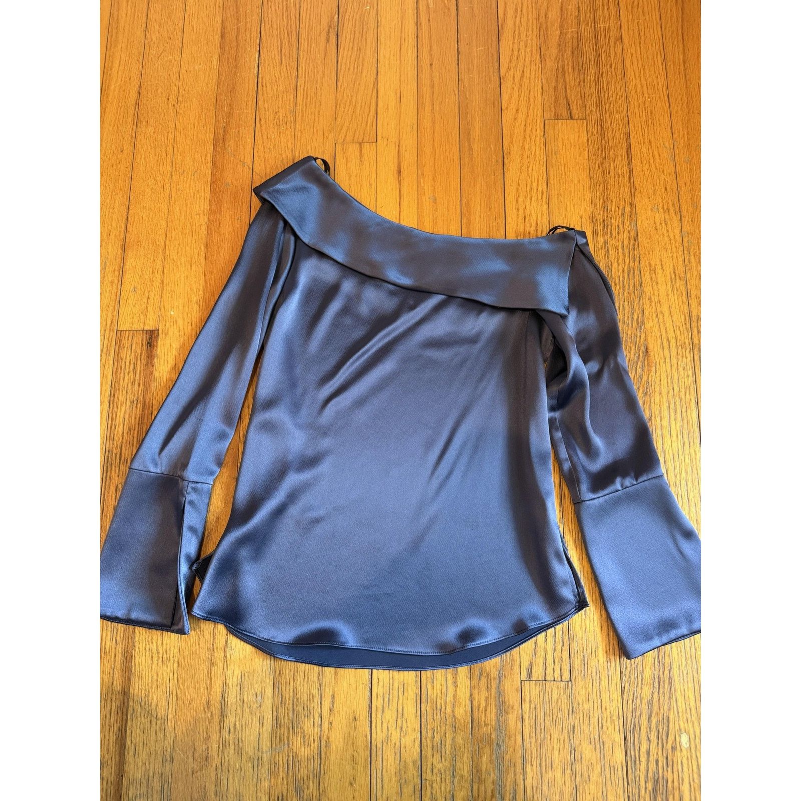 Drew Drew Womens Satin Blouse Sm Blue One-Shoulder Bell Sleeve Size S / US 4 / IT 40 - 1 Thumbnail