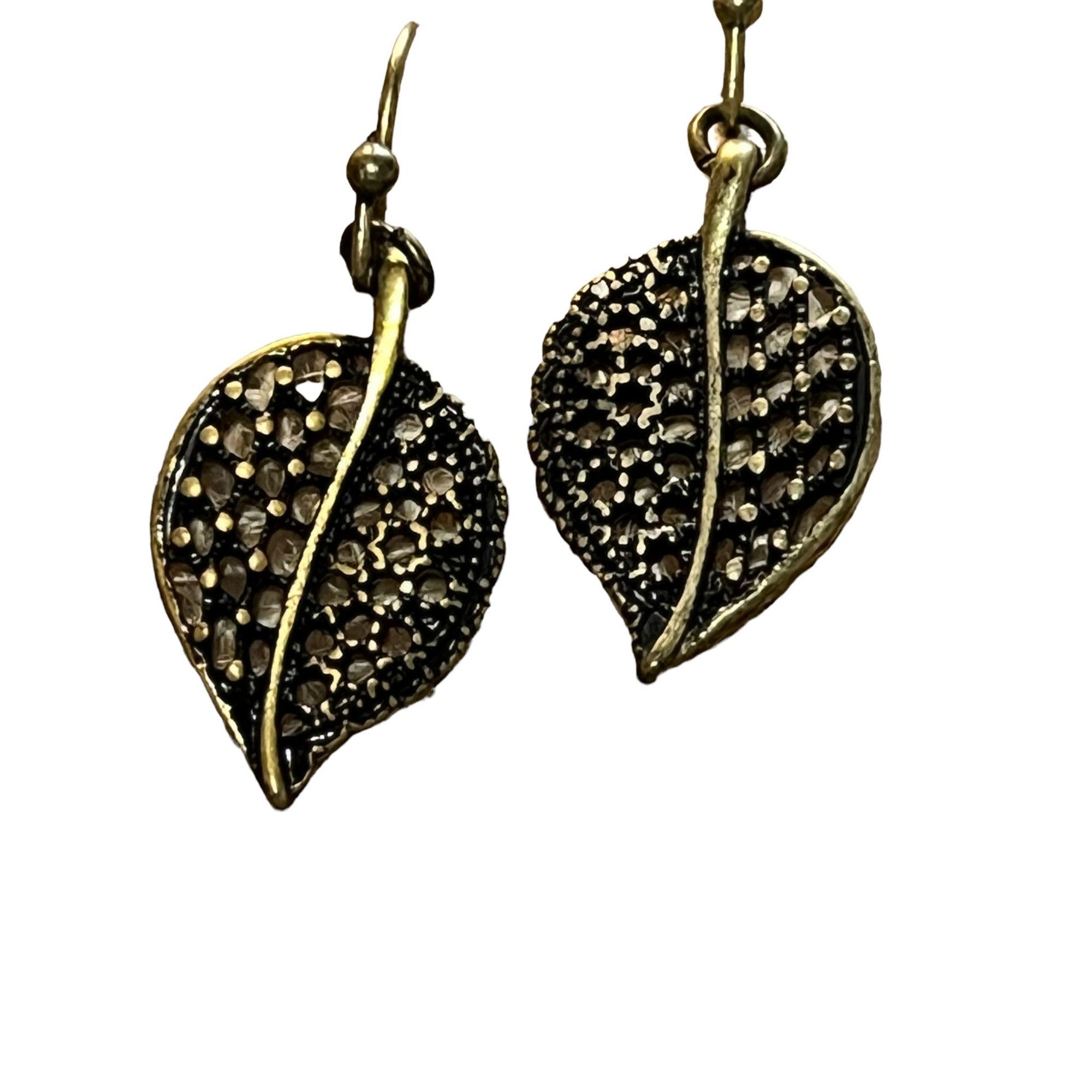 Other Bronze Tone Open Filagree Leaf Dangle Earrings Black Rhinest Size ONE SIZE - 2 Thumbnail