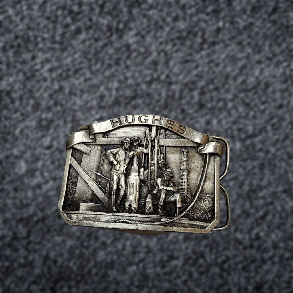 Vintage VINTAGE Hughes Tools Oil Drilling Pewter Belt Buckle US Made Men Belt Buckle Silver 1980s Occupational History Size ONE SIZE - 1 Thumbnail