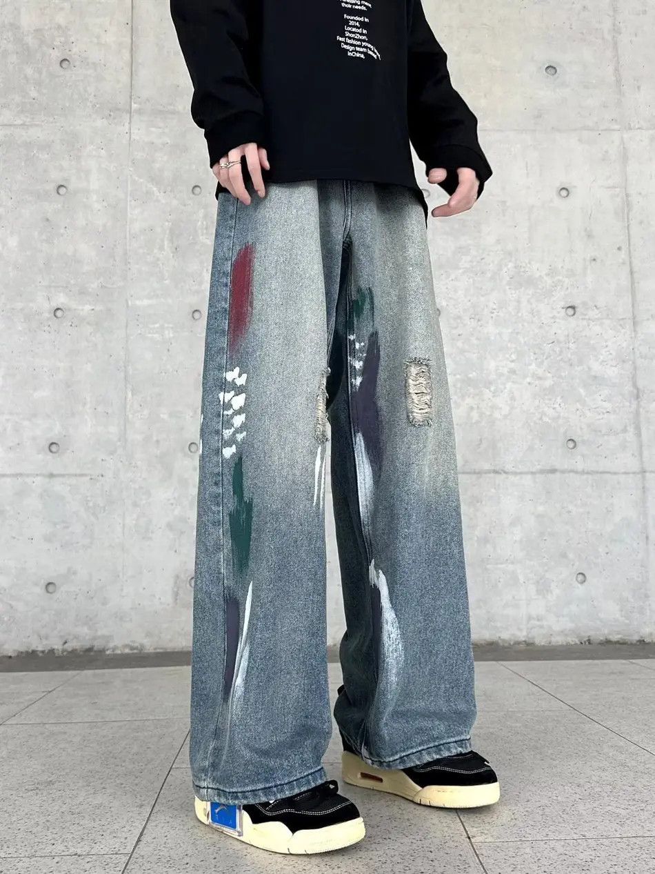 Japanese Brand Retro wide leg straight leg loose ripped jeans Size US 34 / EU 50 - 1 Thumbnail