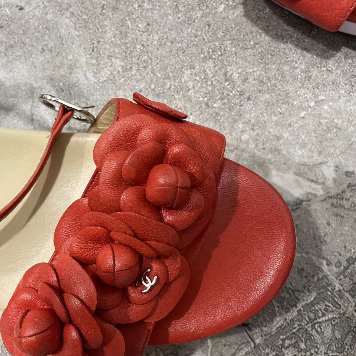 Chanel Chanel Orange rad Leather Camellia Ankle Strap Sandals slip Size US 9 / IT 39 - 5 Thumbnail