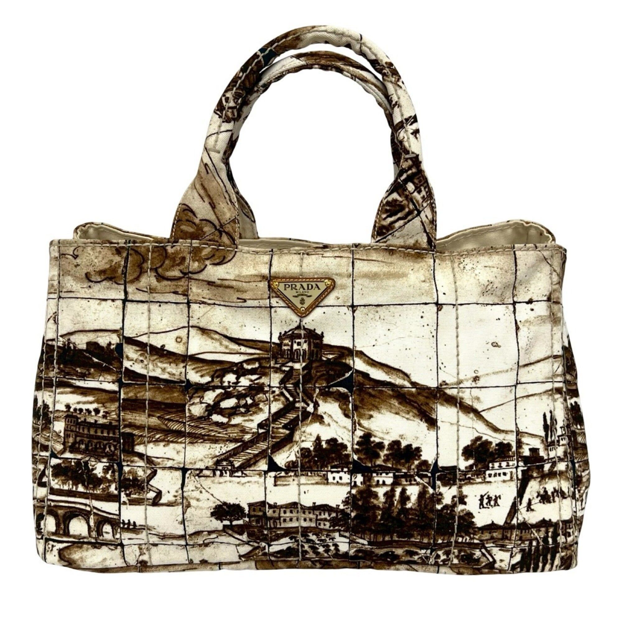 Prada PRADA Canapa Triangle Logo Hardware Printed Canvas Tote Bag Boston Brown Ivory 52405 Size ONE SIZE - 1 Thumbnail