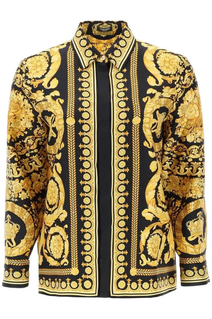 image of Versace O1S22I1N0324 Barocco Silk Shirt In Yellow/black, Women's (Size Small)