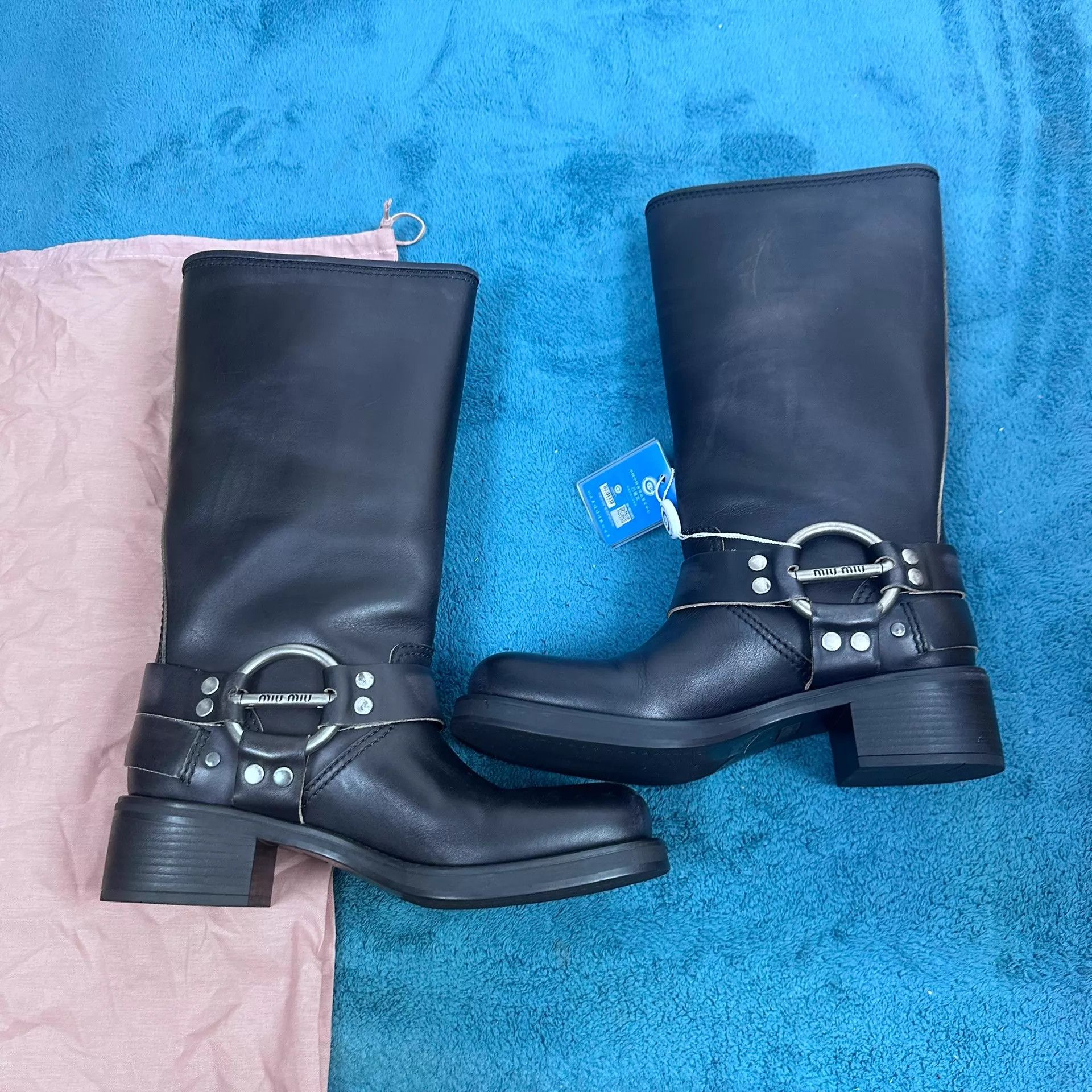 Miu Miu MIU MIU Leather Knee-High Boots Metal Buckle Black Size38 Size US 7.5 / IT 37.5 - 3 Thumbnail