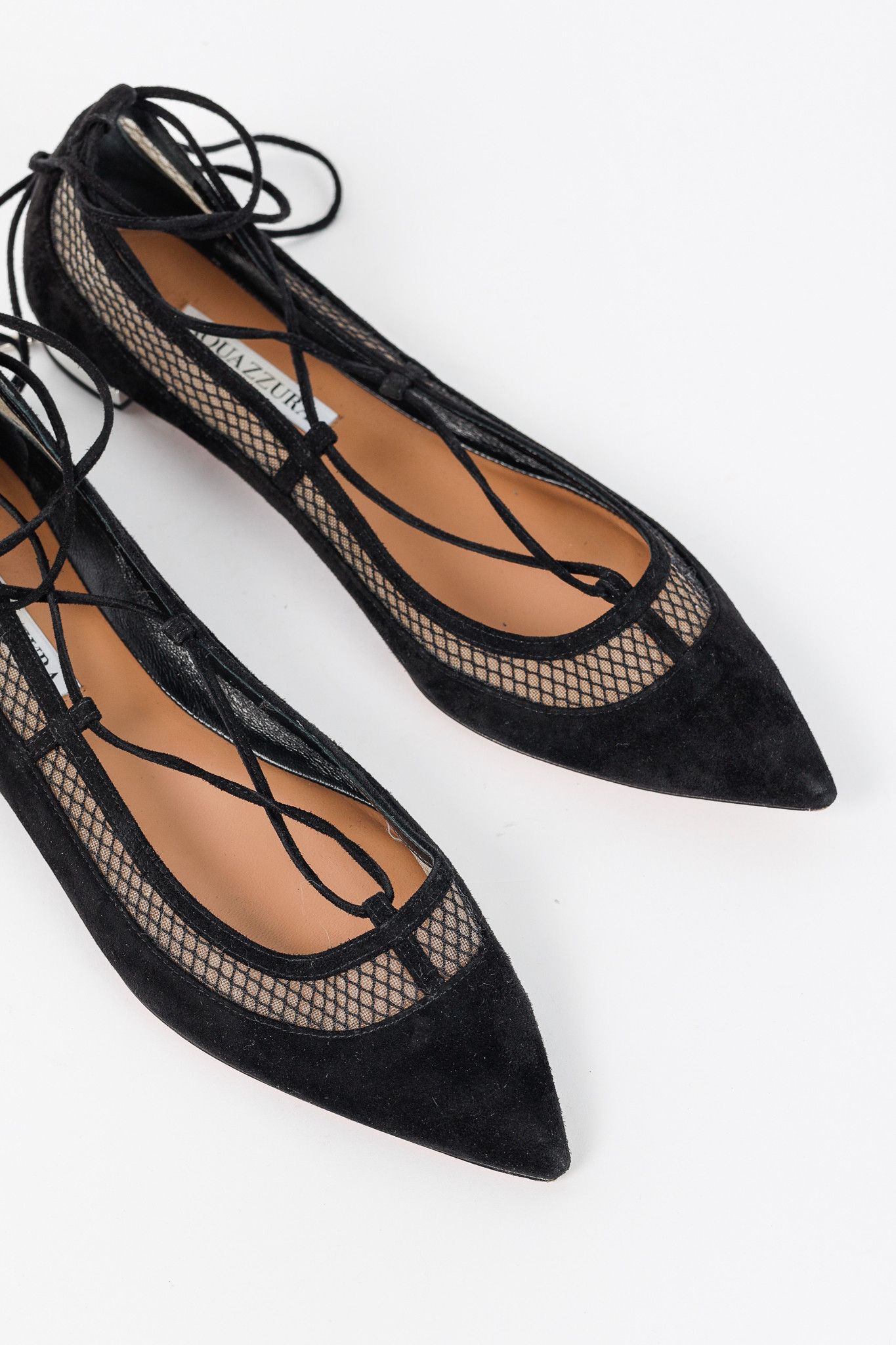 Aquazzura Aquazzura Dalia Black Suede & Mesh Ankle-Tie Ballet Flats Size US 9 / IT 39 - 6 Thumbnail