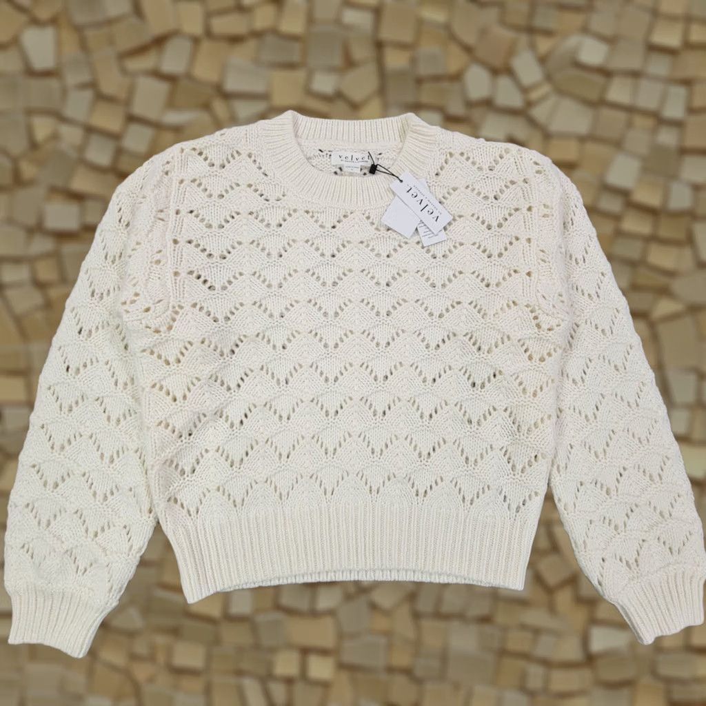 Velvet Velvet by Graham & Spencer Jumper Womens Ivory Open-Knit Pullover Crew Neck Long Sleeve Large Nola Novelty Pointelle Knit Pullover Size L / US 10 / IT 46 - 1 Thumbnail