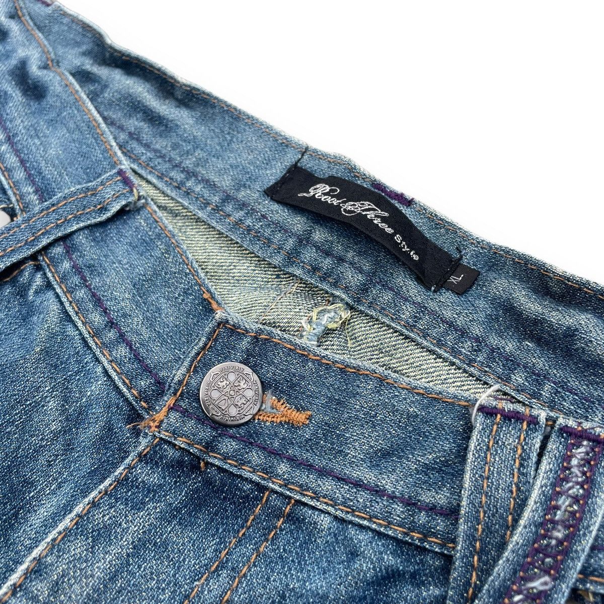 If Six Was Nine × Japanese Brand × Le Grande Bleu (L.G.B.) 🇯🇵 ROOT THREE GLITTER DISTRESSED FLARE DENIM PANTS Size US 31 - 5 Thumbnail