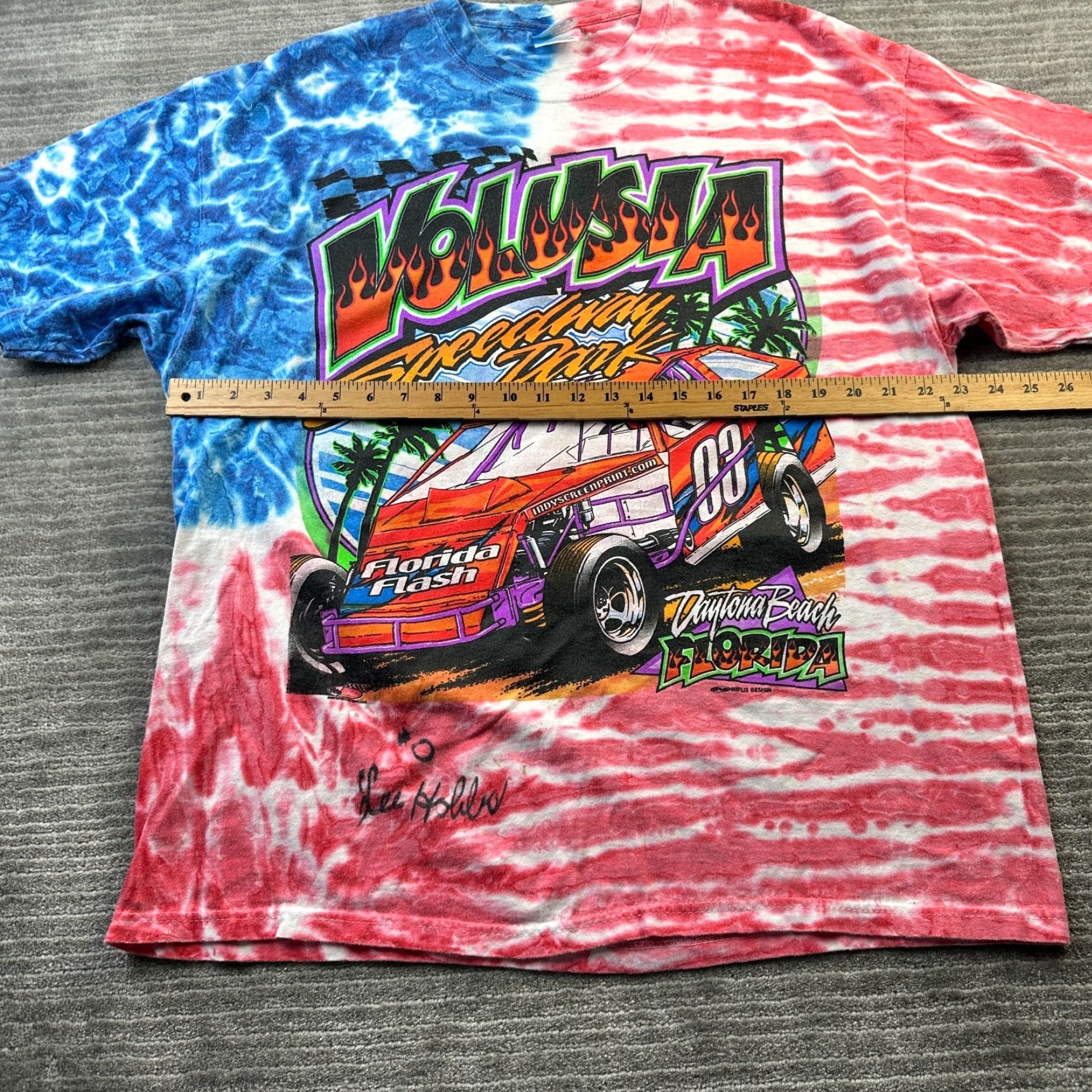 Fruit Of The Loom VINTAGE Fruit of the Loom Racing Shirt Mens XL Orange All Over Print Graphic Tie Dye T-Shirt Cars Grunge 90s Mens Size US XL / EU 56 / 4 - 7 Thumbnail