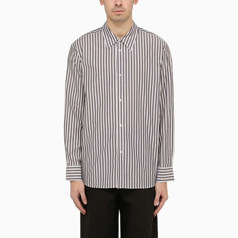 Image of Studio Nicholson Navy Blue And Cream Striped Shirt, Men's (Size Small)