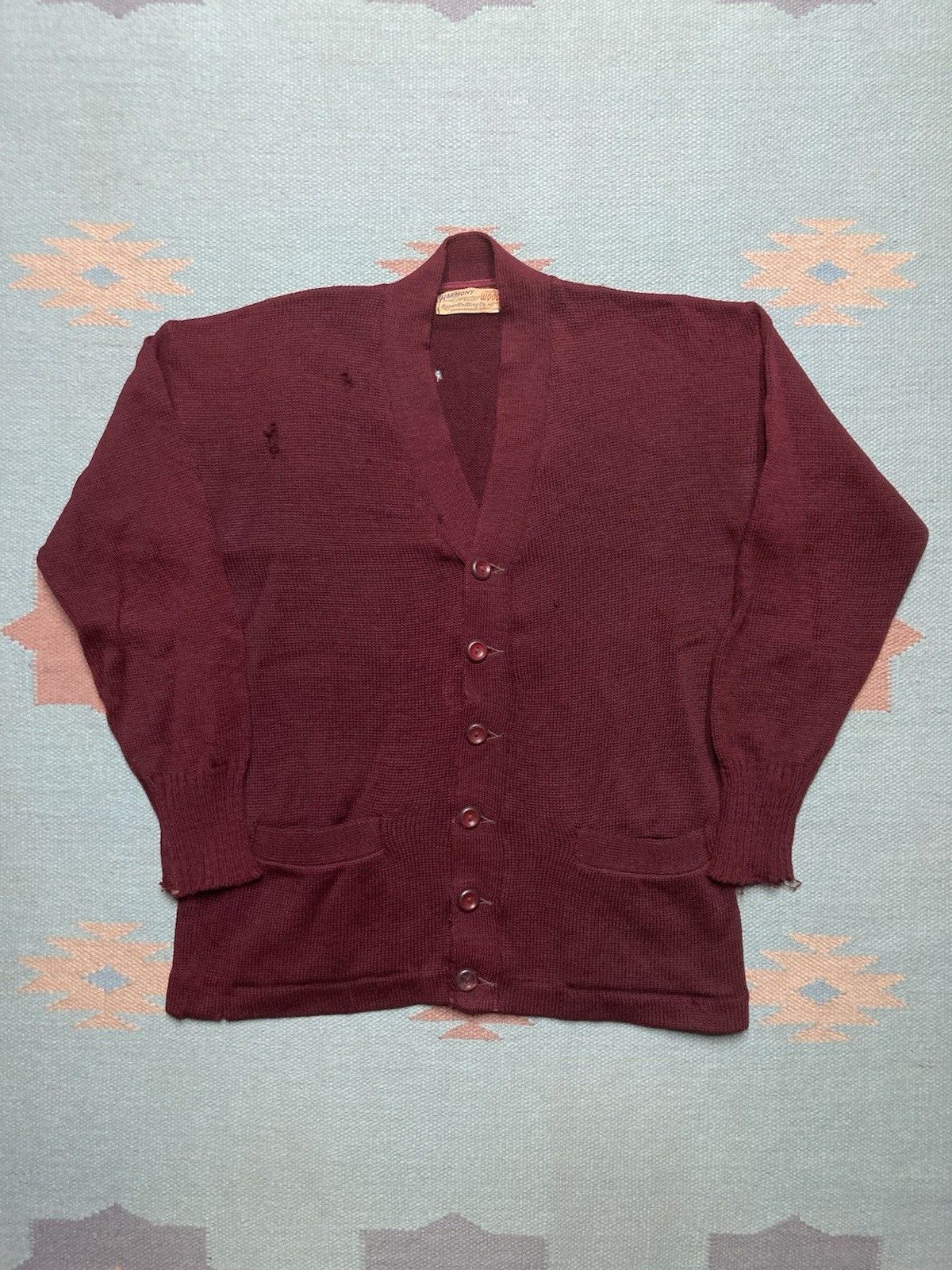 Vintage 1950s wool cardigan sweater button front maroon distressed M Size US M / EU 48-50 / 2 - 1 Thumbnail