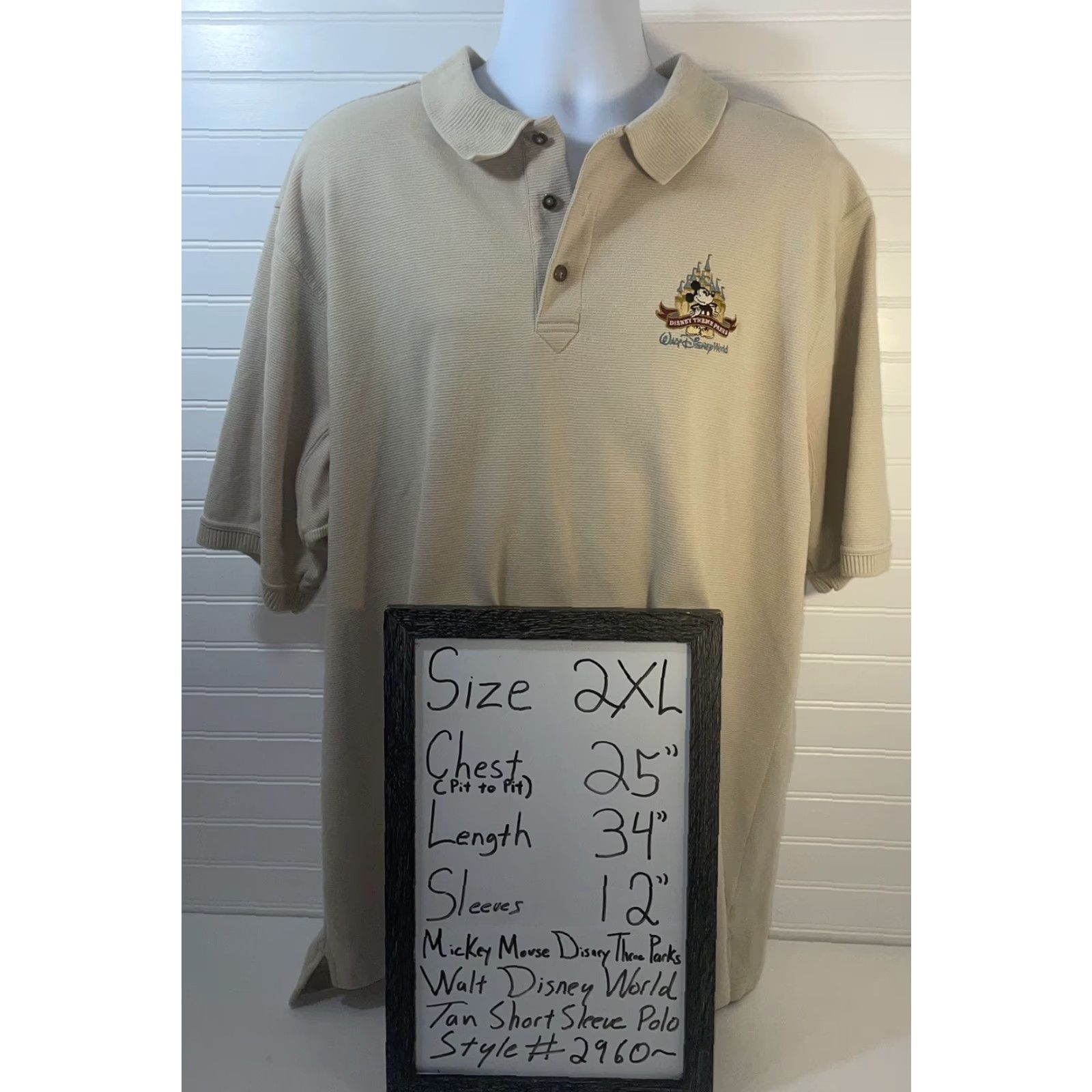 Disney Walt Disney World Mickey Mouse Polo Men 2XL Tan Short Sleeve Button Collar Shirt Size US XXL / EU 58 / 5 - 7 Thumbnail