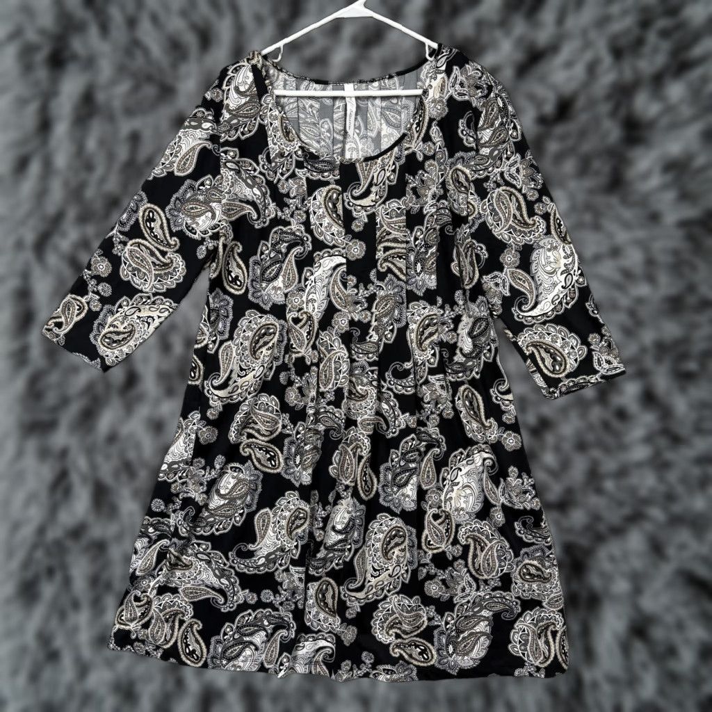 Vintage NY Collection Dress Large Black Paisley Trapeze Swing Scoop Neck 3/4 Sleeve Boho Size L / US 10 / IT 46 - 1 Thumbnail