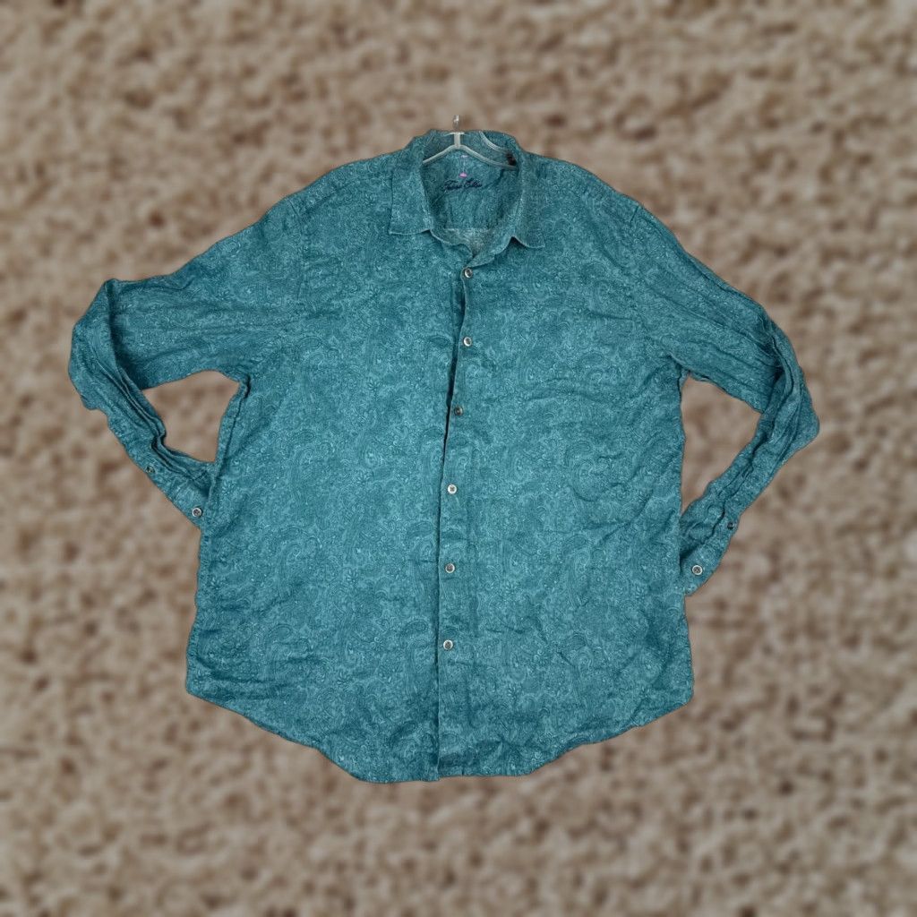Tasso Elba Shirt Men XL Blue Paisley 100% Linen Hawaiian Long Sleeve Button-Up Casual Beach Resort