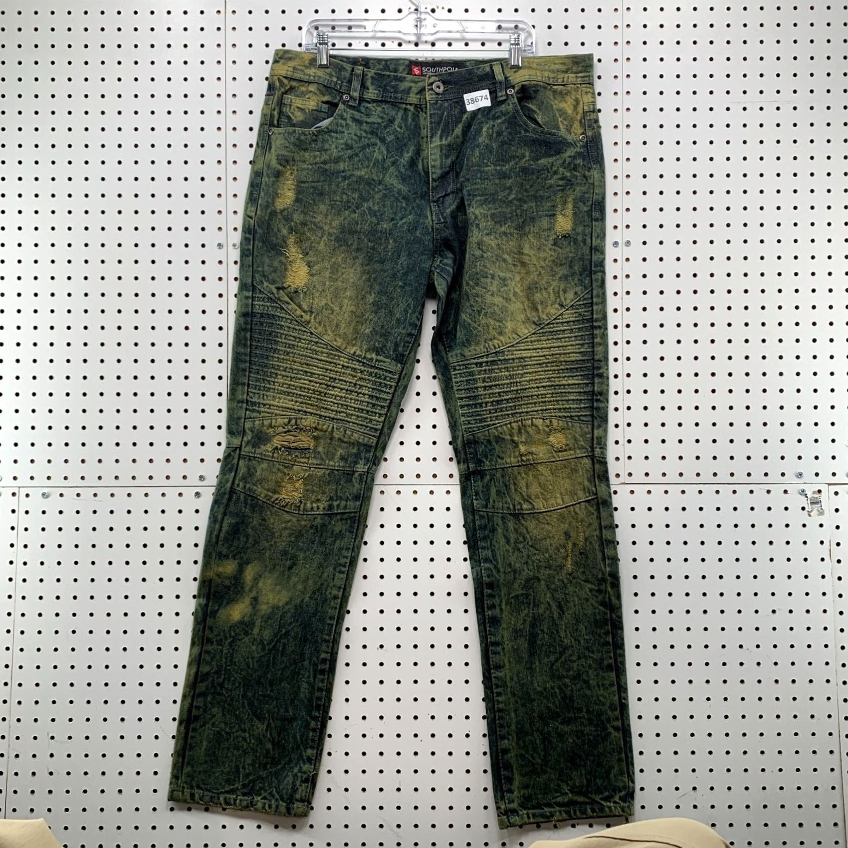 Southpole VINTAGE South Pole Moto Denim Jeans Mens 38x34 Green Acid Wash 38x33 Fits 90s Y2K Straight Jeans Mens Size US 38 / EU 54 - 2 Thumbnail