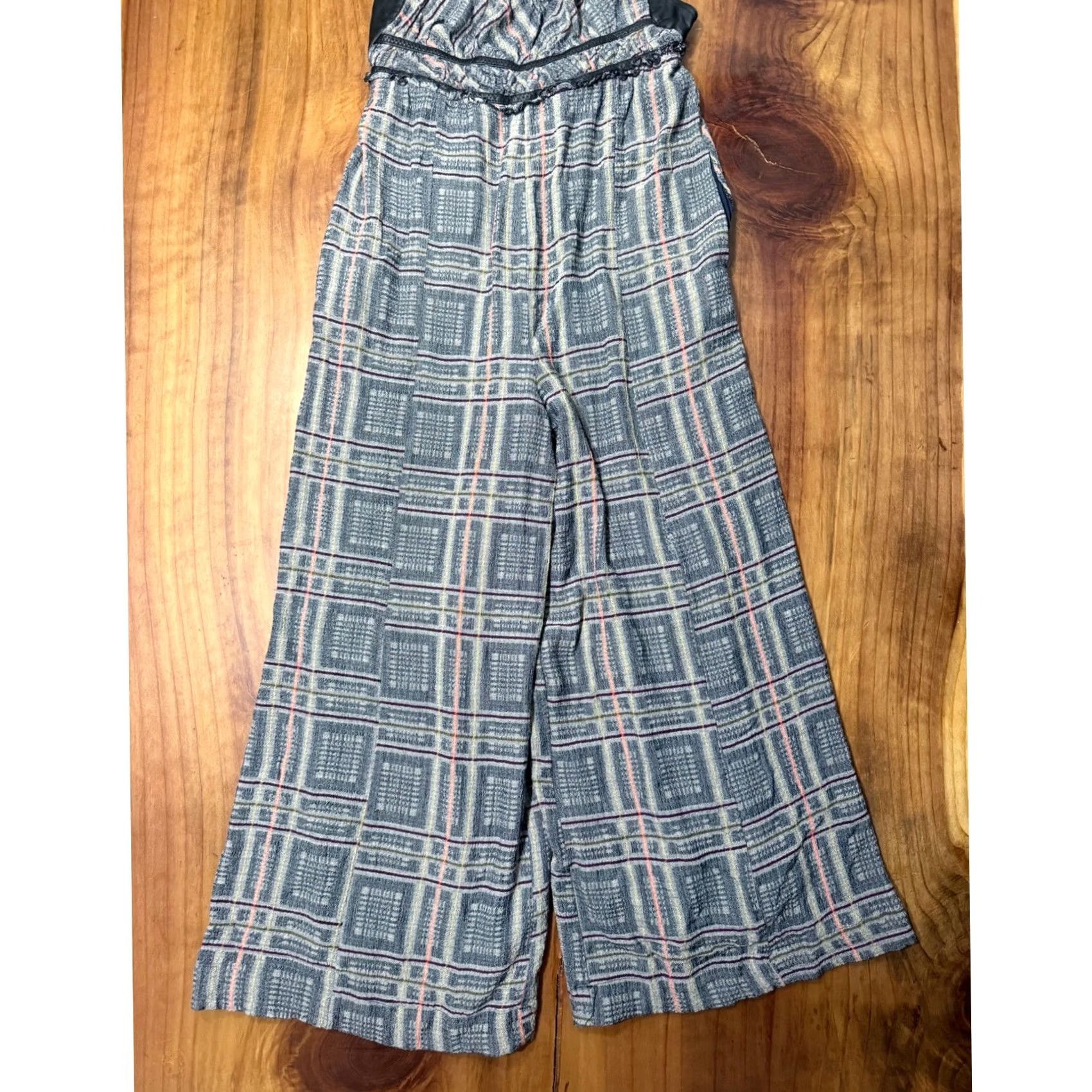 Free People Free People Jumpsuit Plaid Knit Viscose Wide-Leg Sleeveless Square Neck M Gray Bohemian Casual Activewear Womens Size 32" / US 10 / IT 46 - 3 Thumbnail