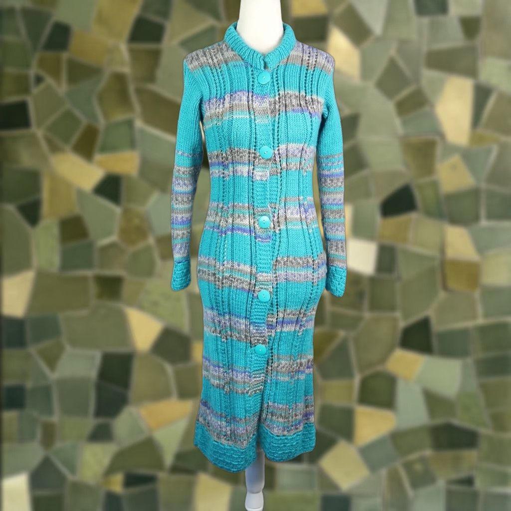 Altea VINTAGE Teal Blue and Grey Stripe Cardigan Sweater Duster Long XS Women Knit Acrylic 90s Bohemian Striped Casual Fall Winter Long Sleeve Size XS / US 0-2 / IT 36-38 - 1 Thumbnail